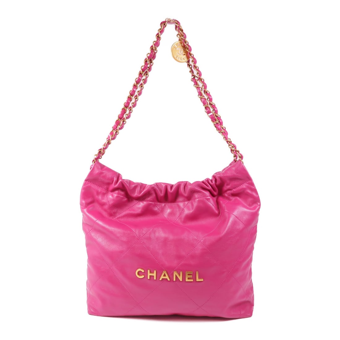 CHANEL 22 Small Pink Calfskin Leather Chain Shoulder Bag GHW: CHANEL 22 Small Pink Calfskin Leather Chain Shoulder Bag GHW Introducing the CHANEL CC GHW Small Chain Shoulder Bag, a luxurious accessory crafted from high-quality calfskin leather in an elegant pink