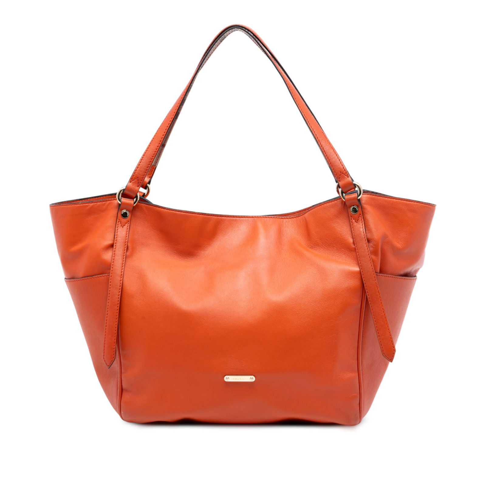 Burberry Canterbury Small Orange Leather Tote Bag with Magnetic Closure: Burberry Canterbury Small Orange Leather Tote Bag with Magnetic Closure This Burberry Small Leather Canterbury Tote features a vibrant orange leather body with flat leather handles. The bag has an ope