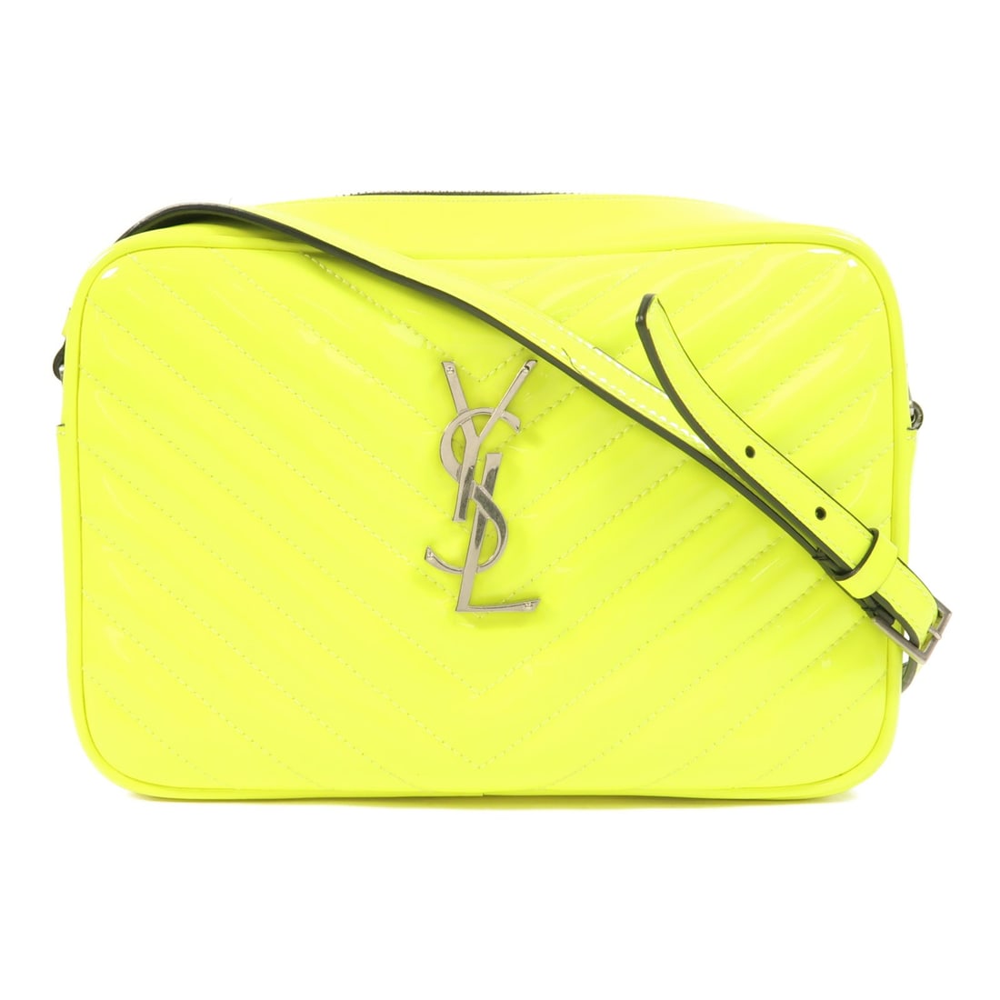 Saint Laurent Lou Neon Yellow Patent Leather Camera Shoulder Bag SHW: Saint Laurent Lou Neon Yellow Patent Leather Camera Shoulder Bag SHW This is a Saint Laurent Lou Camera Bag crafted from neon yellow patent leather. The bag features a shoulder strap and showcases a b
