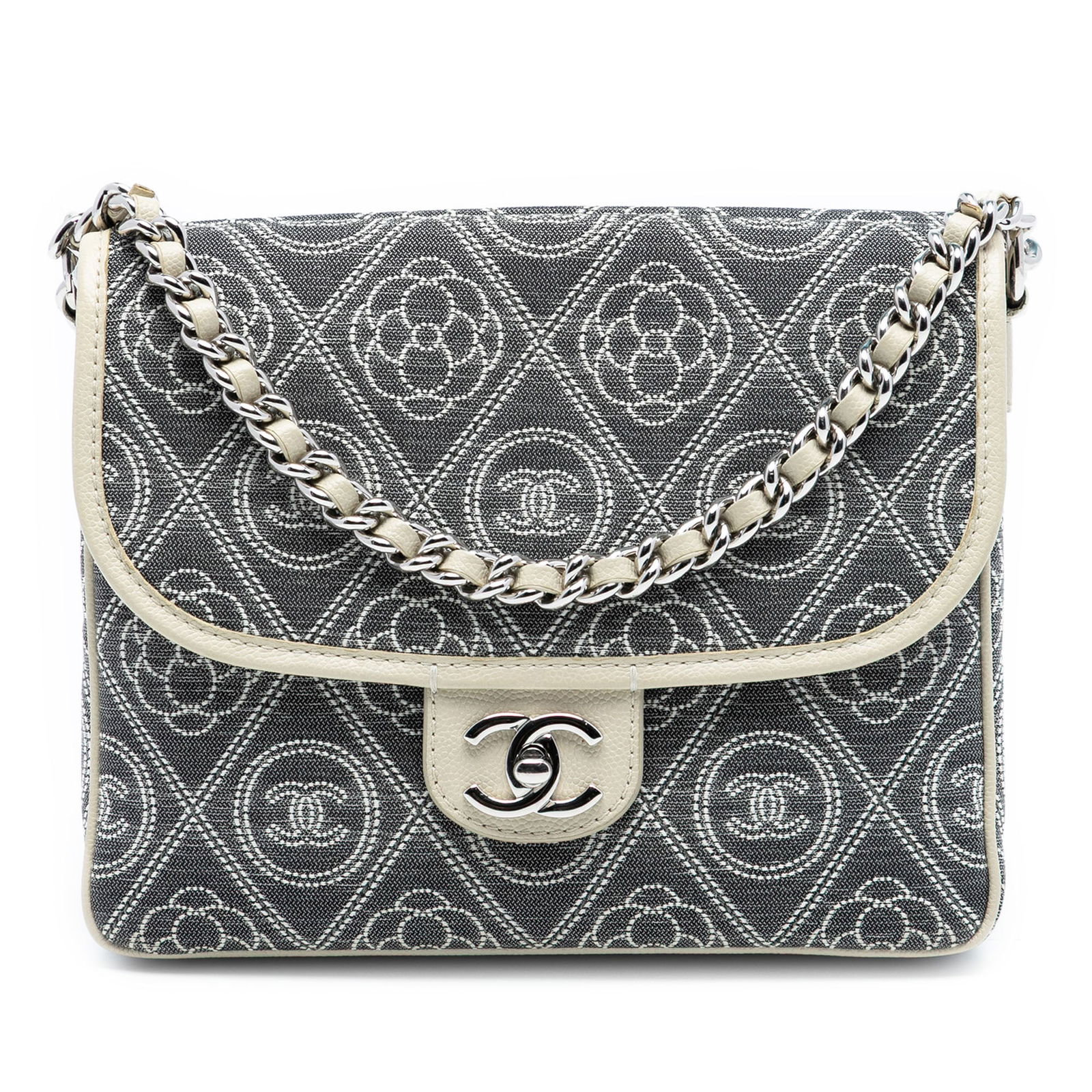 Camellia Canvas Double Flap Satchel with Chain Strap by Chanel: Camellia Canvas Double Flap Satchel with Chain Strap by Chanel This Chanel Camellia Printed Canvas Double Side Flap satchel features a printed canvas body with a floral motif, complemented by a leathe