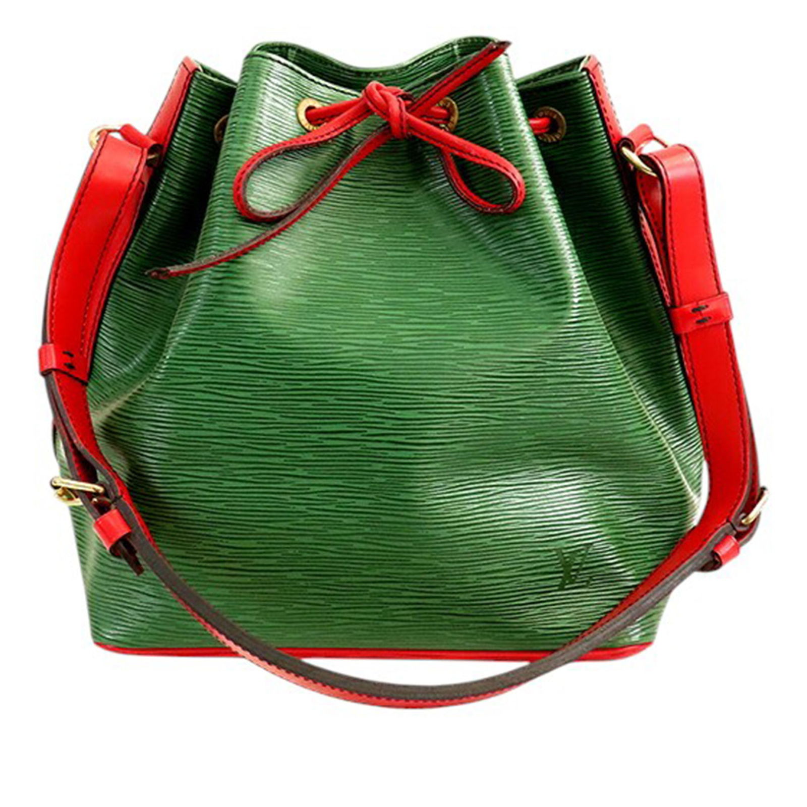 Louis Vuitton Petit Noe Green Epi Leather Shoulder Bag with Drawstring: Louis Vuitton Petit Noe Green Epi Leather Shoulder Bag with Drawstring This Louis Vuitton Epi Petit Bicolor Noe bag features a distinctive epi leather body in green, with an adjustable shoulder strap