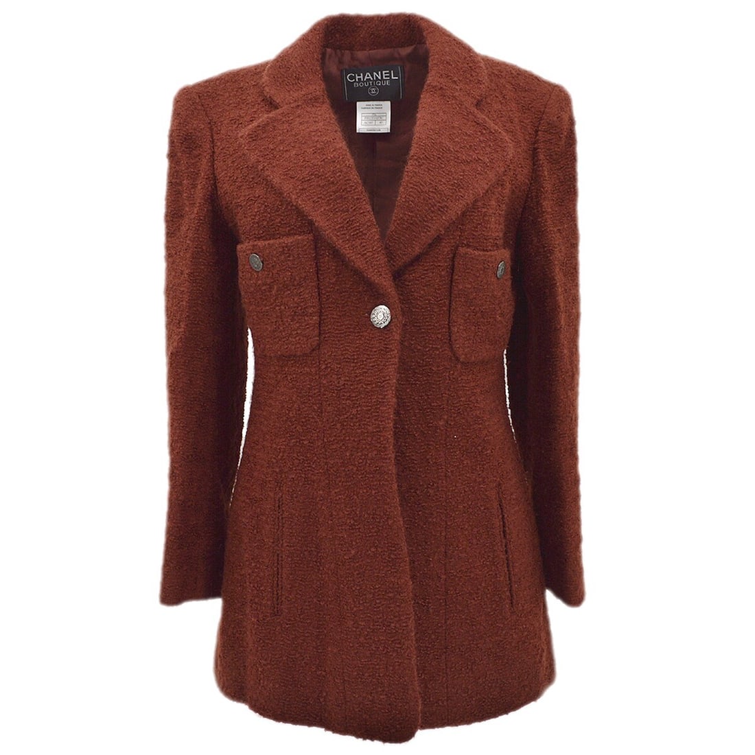 Chanel Vintage Brown Wool Mohair Single Breasted Jacket 97A Size 40: Chanel Vintage Brown Wool Mohair Single Breasted Jacket 97A Size 40 This vintage Chanel single-breasted jacket is a stylish addition to your winter wardrobe. Crafted from a luxurious blend of 75% wool