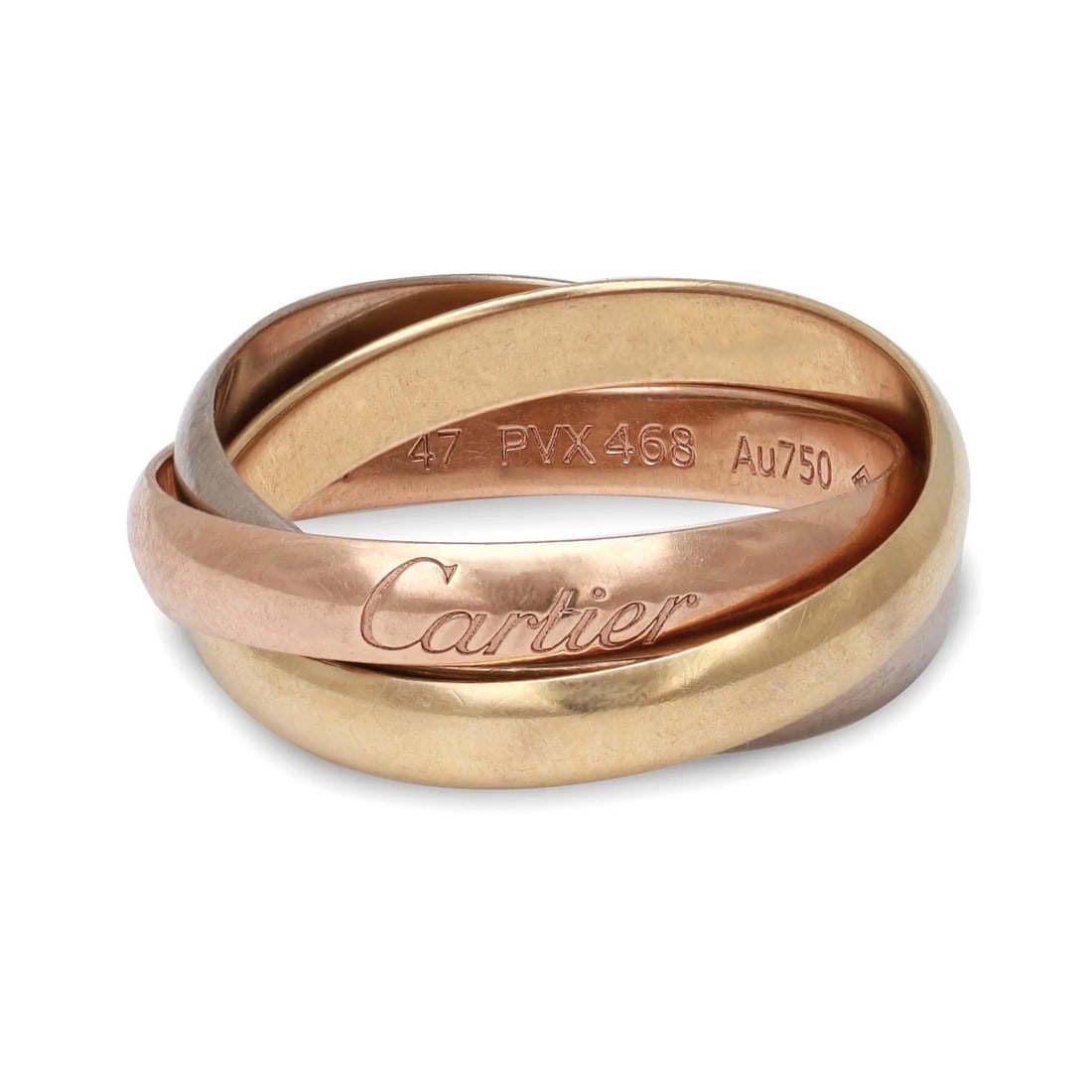 Small Trinity Band Ring in 18K White Yellow Rose Gold by Cartier Size 47 US 4: Small Trinity Band Ring in 18K White Yellow Rose Gold by Cartier Size 47 US 4 This Cartier Trinity ring is a small model crafted in 18k white, yellow, and rose gold. The iconic design features three i