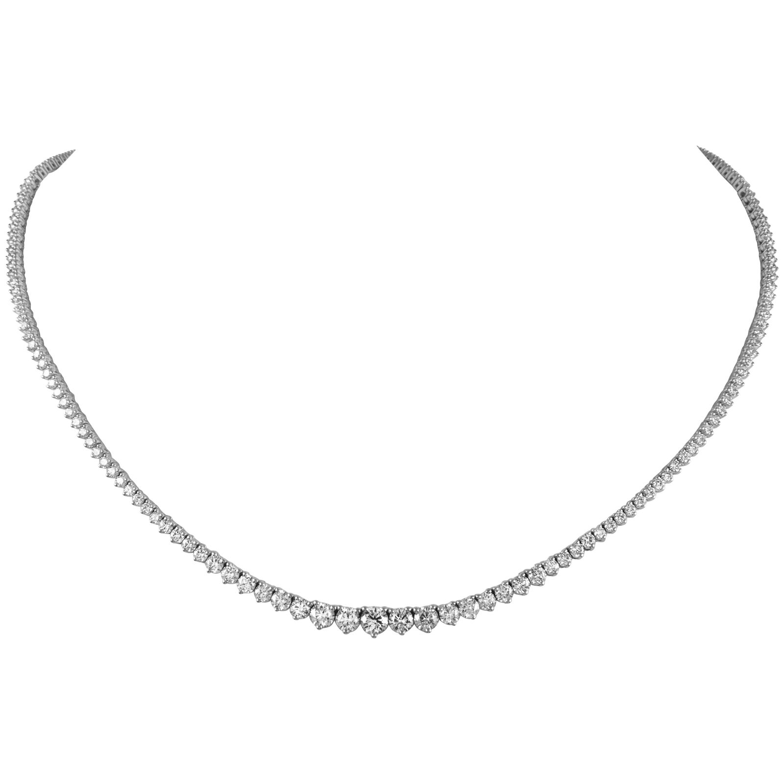 8.35ct Diamond Riviera Necklace in 14k White Gold: 8.35ct Diamond Riviera Necklace in 14k White Gold This exquisite 8.35ct Diamond Tennis Riviera Necklace is crafted in 14k white gold, featuring a stunning array of 179 round brilliant diamonds. The ne