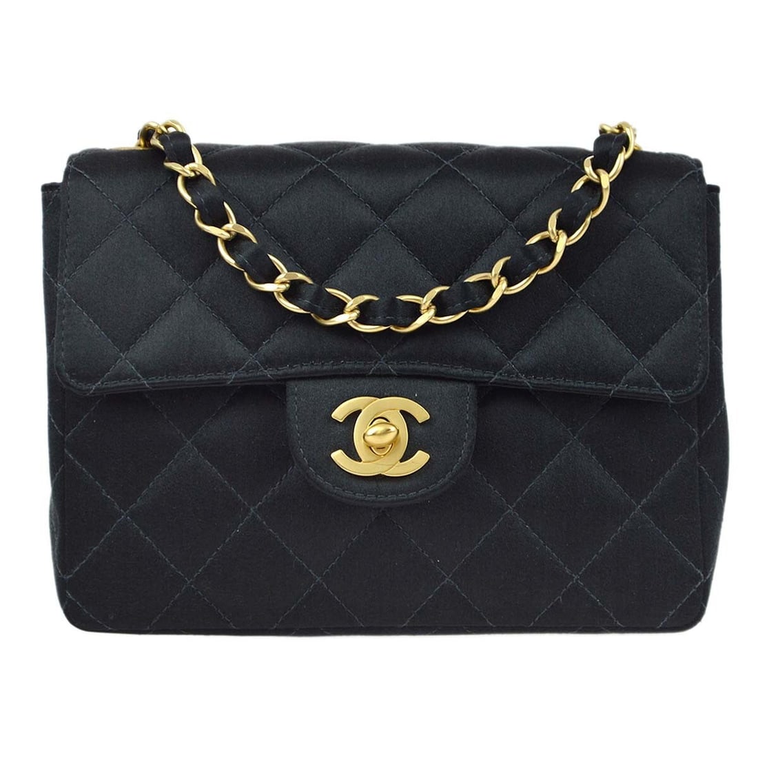 Chanel Black Satin Mini Classic Flap Shoulder Bag with Chain Strap: Chanel Black Satin Mini Classic Flap Shoulder Bag with Chain Strap This Chanel Black Satin Mini Classic Square Flap Shoulder Bag is a chic accessory ideal for casual occasions. Featuring a stunning qu
