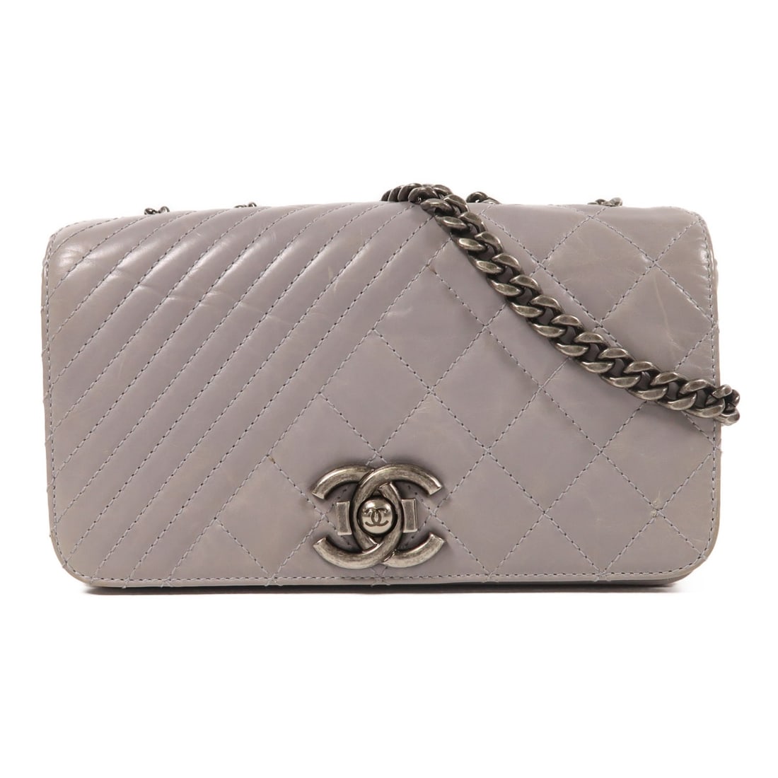 CHANEL Grey Calfskin Leather Shoulder Bag with Silver Hardware (1 of 17)