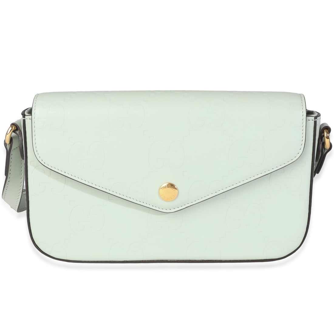 Gucci Green Calfskin GG Super Mini Shoulder Bag Gold-Tone Hardware: Gucci Green Calfskin GG Super Mini Shoulder Bag Gold-Tone Hardware Elevate your accessory collection with the Gucci Pale Green Calfskin GG Super Mini Shoulder Bag. This stylish mini shoulder bag featu
