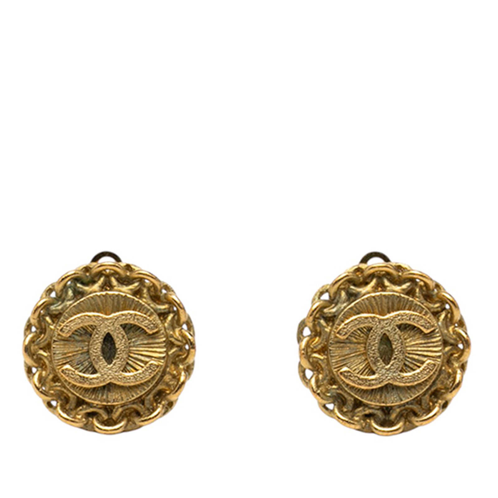 Chanel CC Motif Gold Tone Chain Clip On Statement Earrings: Chanel CC Motif Gold Tone Chain Clip On Statement Earrings These Chanel clip-on earrings feature a round design with a gold-tone metal body and signature CC chain detailing. Made in France, these cost