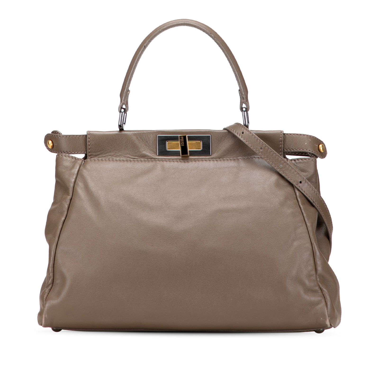Fendi Medium Calfskin Peekaboo Iconic Brown Satchel: Fendi Medium Calfskin Peekaboo Iconic Brown Satchel The Fendi Medium Calfskin Peekaboo Iconic Satchel is an exquisite blend of luxury and functionality. Crafted in Italy, this elegant bag features a h