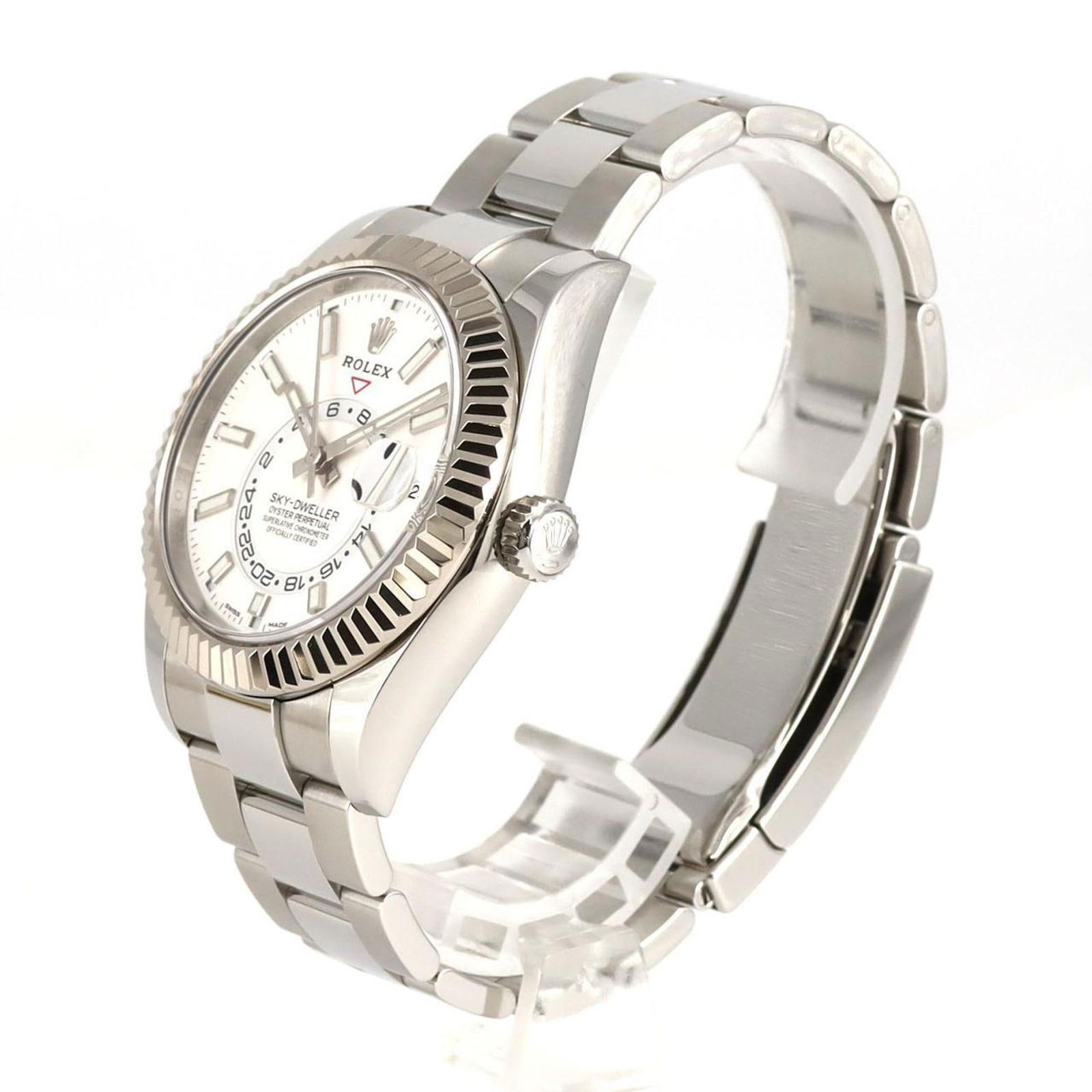 Gold and Steel 42mm Rolex Sky-Dweller Swiss Watch: Gold and Steel 42mm Rolex Sky-Dweller Swiss Watch This Rolex Sky-Dweller is a men's watch crafted from gold and steel, featuring a white dial. The watch measures 42mm in case diameter with a bracelet