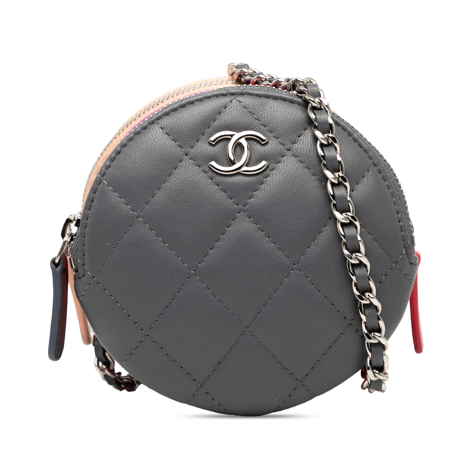 Chanel CC Quilted Lambskin Gray Triple Zip Clutch with Chain: Chanel CC Quilted Lambskin Gray Triple Zip Clutch with Chain This elegant Chanel crossbody bag is crafted from luxurious quilted lambskin leather in a sophisticated gray color. It features a stylish l