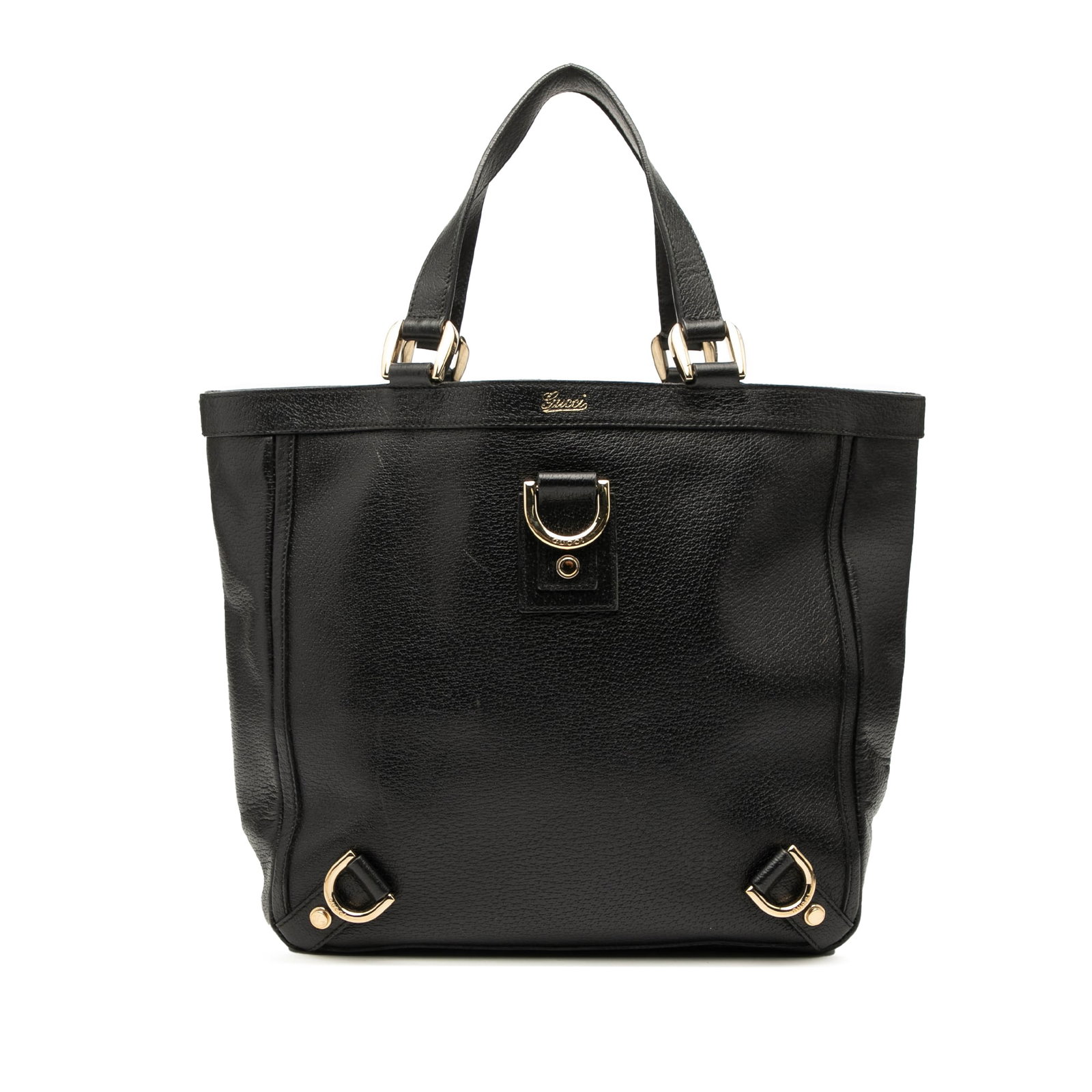 Gucci Abbey D Ring Black Leather Tote Bag: Gucci Abbey D Ring Black Leather Tote Bag This Gucci Calfskin Abbey D Ring Tote features a black leather body with flat leather handles, an open top, and interior zip and slip pockets. The bag shows s