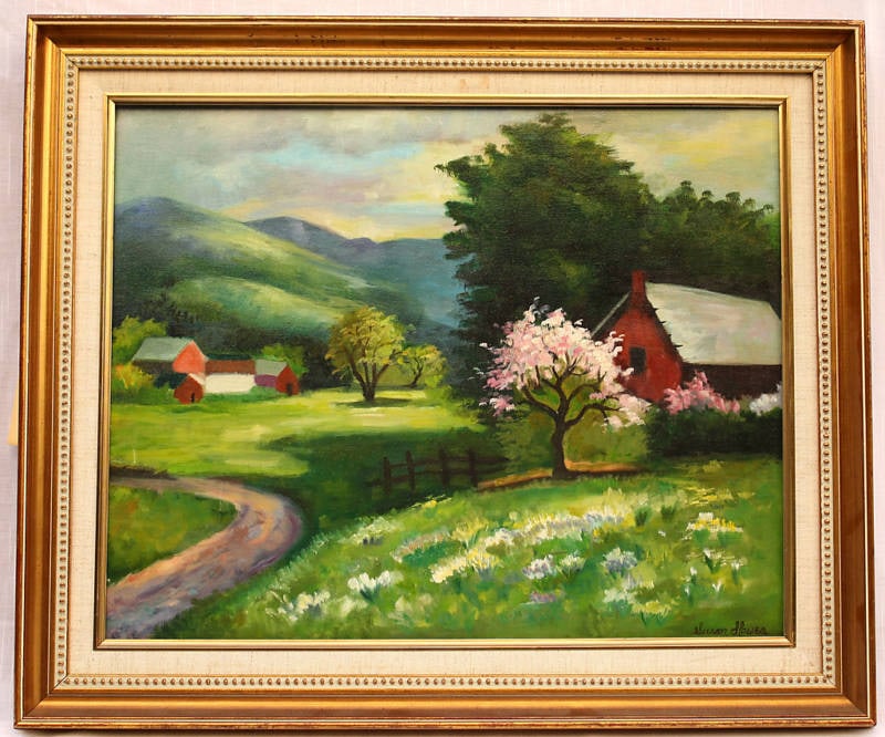 Original Susan Howes Impressionist Oil Painting The Red Barns from Burns Allen Estate: Original Susan Howes Impressionist Oil Painting The Red Barns from Burns Allen Estate This exquisite original oil on canvas painting by Susan Howes, titled "The Red Barns," comes from the estate of th