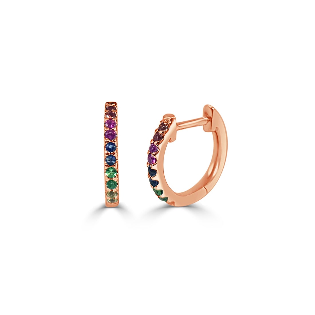 14k Rose Gold Diamond Huggie Earrings with Rainbow Sapphires: 14k Rose Gold Diamond Huggie Earrings with Rainbow Sapphires Adorn yourself with these exquisite 14k Rose Gold & Rainbow Sapphire Huggie Earrings. Featuring a captivating rounded design, these earring