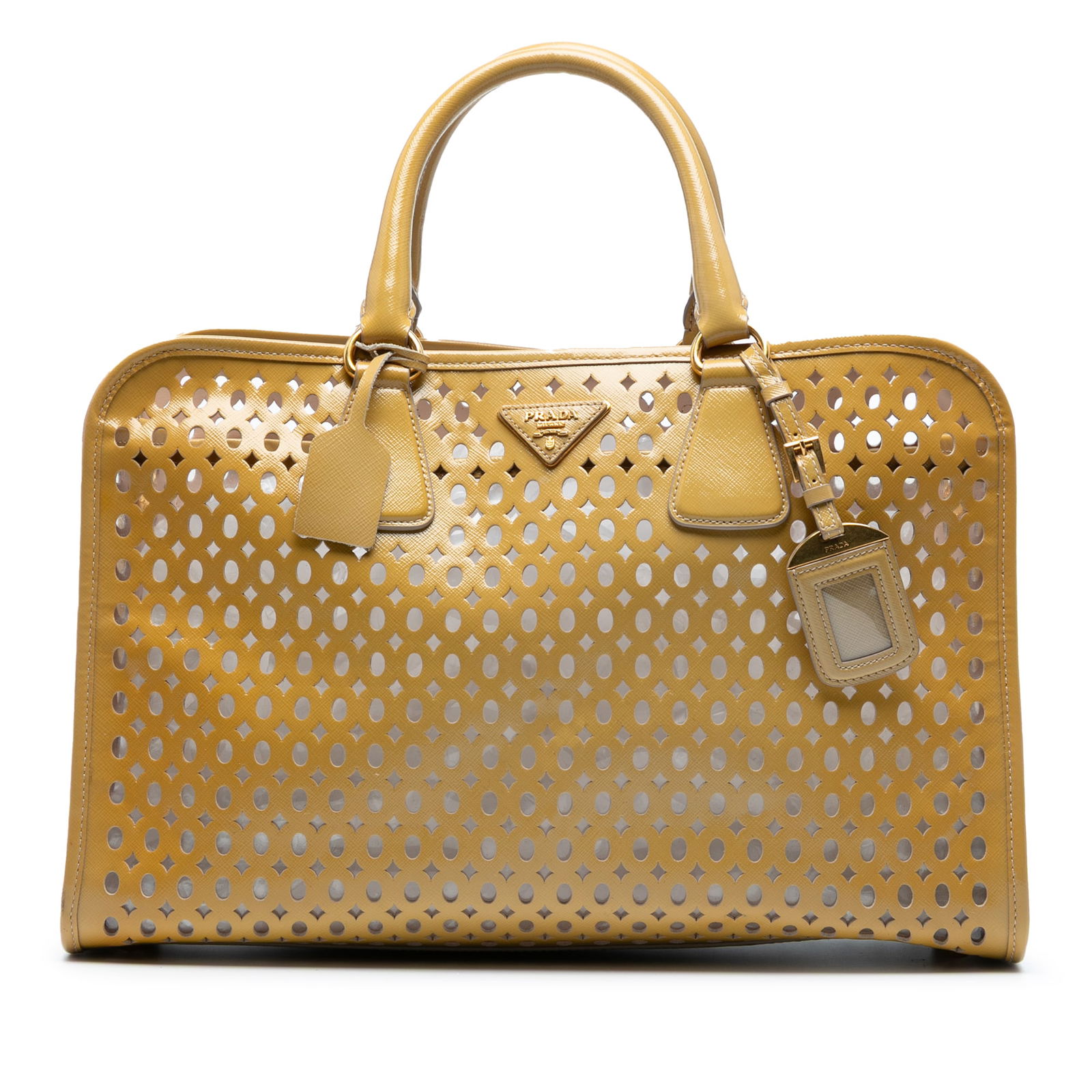 Prada Saffiano Vernice Fori Perforated Tote Bag Yellow Leather (1 of 7)