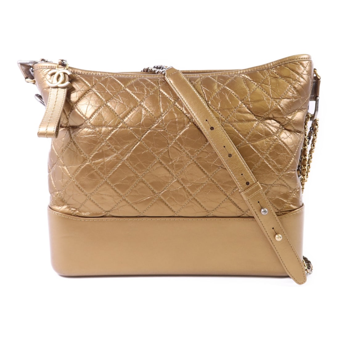 Chanel Gabrielle Large Gold Calfskin Crossbody Shoulder Bag A93824: Chanel Gabrielle Large Gold Calfskin Crossbody Shoulder Bag A93824 This CHANEL CC Gabrielle Large Crossbody Shoulder Bag is crafted from calfskin leather in a gold color. The design features a spaciou