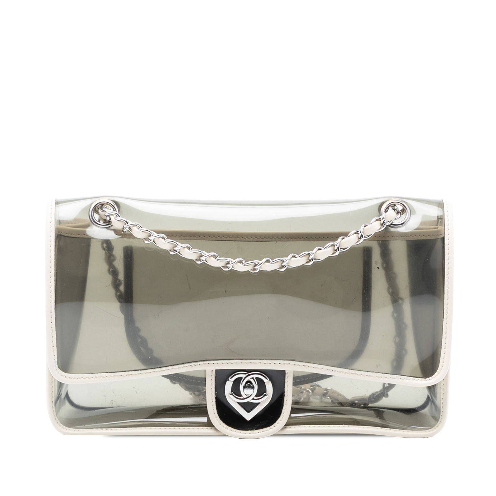 Chanel Naked Flap Large PVC and Lambskin Shoulder Bag White: Chanel Naked Flap Large PVC and Lambskin Shoulder Bag White This Chanel Large PVC and Lambskin Naked Flap bag features a transparent PVC body accented with leather trim and leather-woven chain link sh