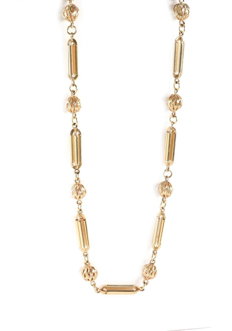 14k Yellow Gold Filigree Ball & Column Bar Necklace 30.5in: 14k Yellow Gold Filigree Ball & Column Bar Necklace 30.5in This exquisite necklace features a sophisticated design crafted from 14k yellow gold. The necklace showcases an alternating pattern of elonga