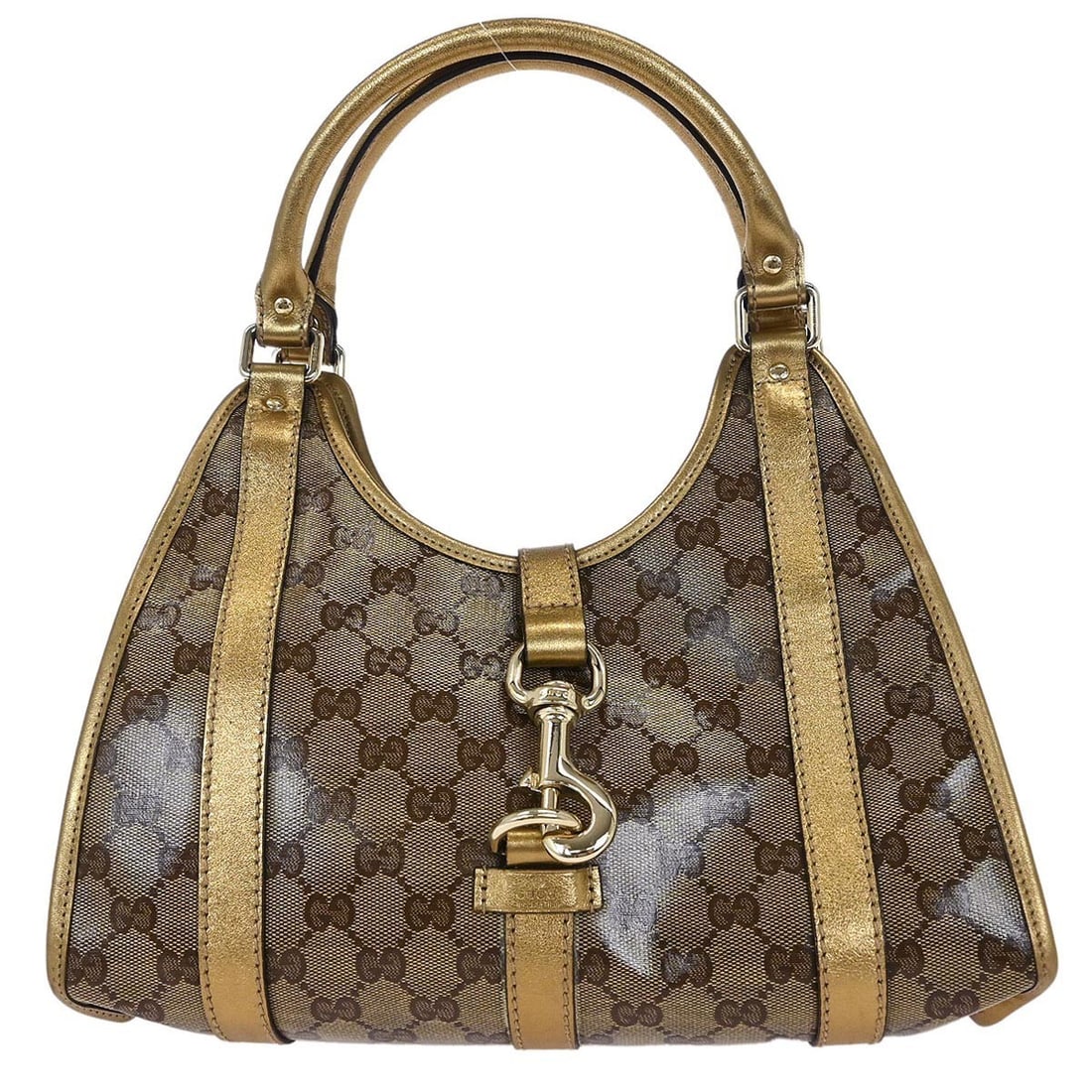 Gucci Gold Brown GG Crystal Top Handle Handbag 203495 497717: Gucci Gold Brown GG Crystal Top Handle Handbag 203495 497717 This Gucci Gold Brown GG Crystal Handbag combines elegance and practicality, perfect for casual occasions. Crafted from durable coated canv