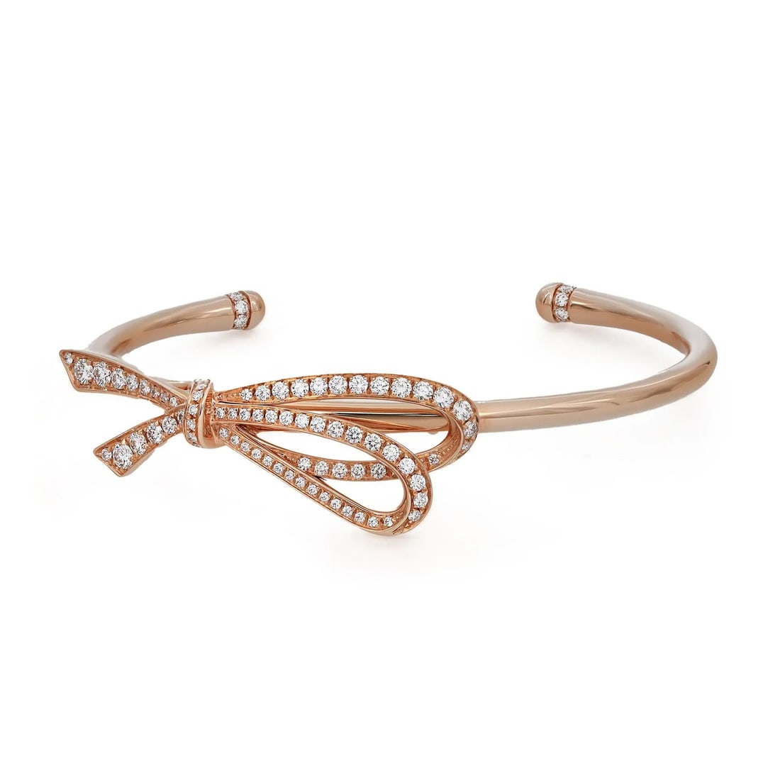 Tiffany & Co. 18K Rose Gold Diamond Bow Cuff Bracelet: Tiffany & Co. 18K Rose Gold Diamond Bow Cuff Bracelet Elevate your jewelry collection with this exquisite Tiffany & Co. Diamond Large Bow Cuff Bracelet, meticulously crafted from luxurious 18K rose go