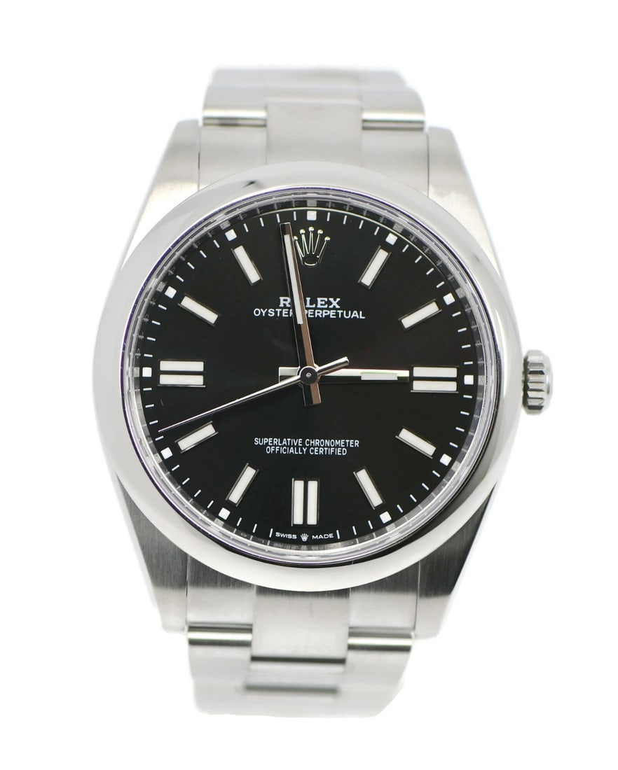 Rolex Oyster Perpetual 41mm Black Dial Stainless Steel Ref 124300 with Box: Rolex Oyster Perpetual 41mm Black Dial Stainless Steel Ref 124300 with Box This Rolex Oyster Perpetual 41 is a stainless steel automatic wristwatch featuring a 41 mm case and a black analog dial. The