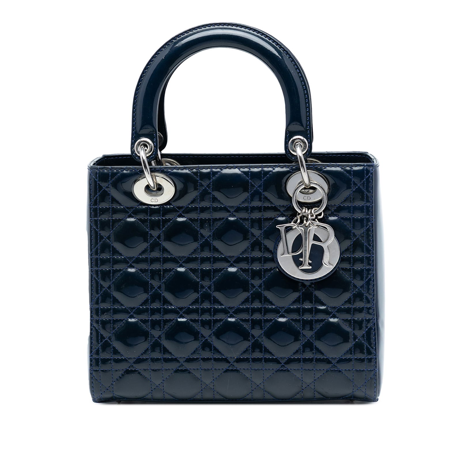 Blue Patent Leather Lady Dior Medium Cannage Bag with Quilted Design: Blue Patent Leather Lady Dior Medium Cannage Bag with Quilted Design This Medium Patent Cannage Lady Dior bag features a quilted patent leather exterior in blue, flat leather top handles, a top zip cl