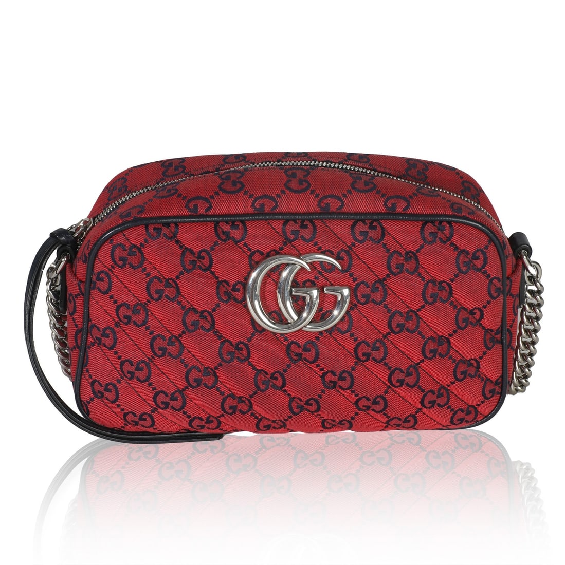 Red Canvas Gucci GG Marmont Small Camera Shoulder Bag with Dustbag: Red Canvas Gucci GG Marmont Small Camera Shoulder Bag with Dustbag This Gucci GG Marmont Camera Bag features red diagonal quilted canvas with silver-tone hardware and a zip-top closure. The small shou