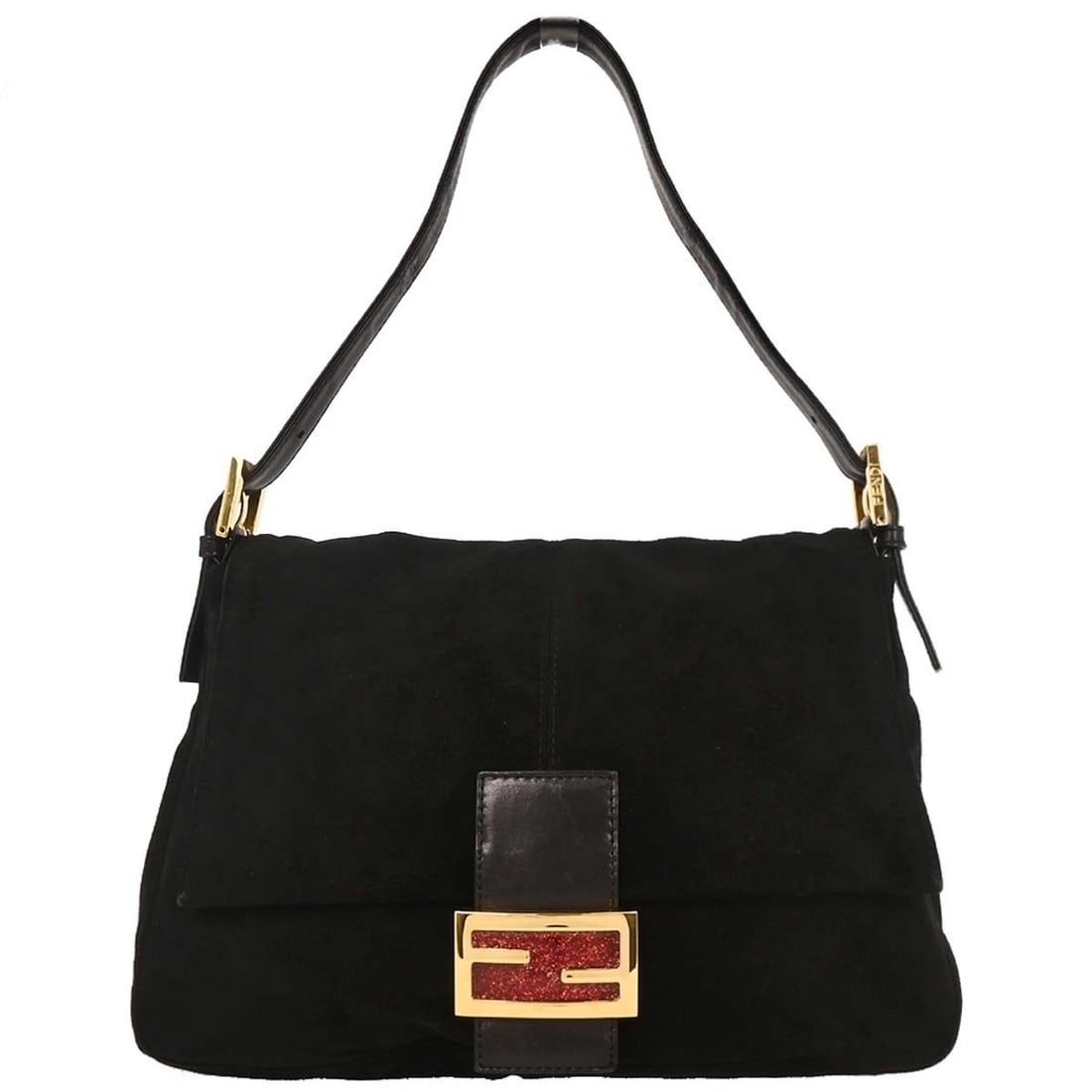 Fendi Mamma Baguette Black Suede Handbag with Gold Hardware: Fendi Mamma Baguette Black Suede Handbag with Gold Hardware The Fendi Black Suede Mamma Baguette Handbag is a stylish accessory that combines functionality with luxury. Crafted from high-quality suede