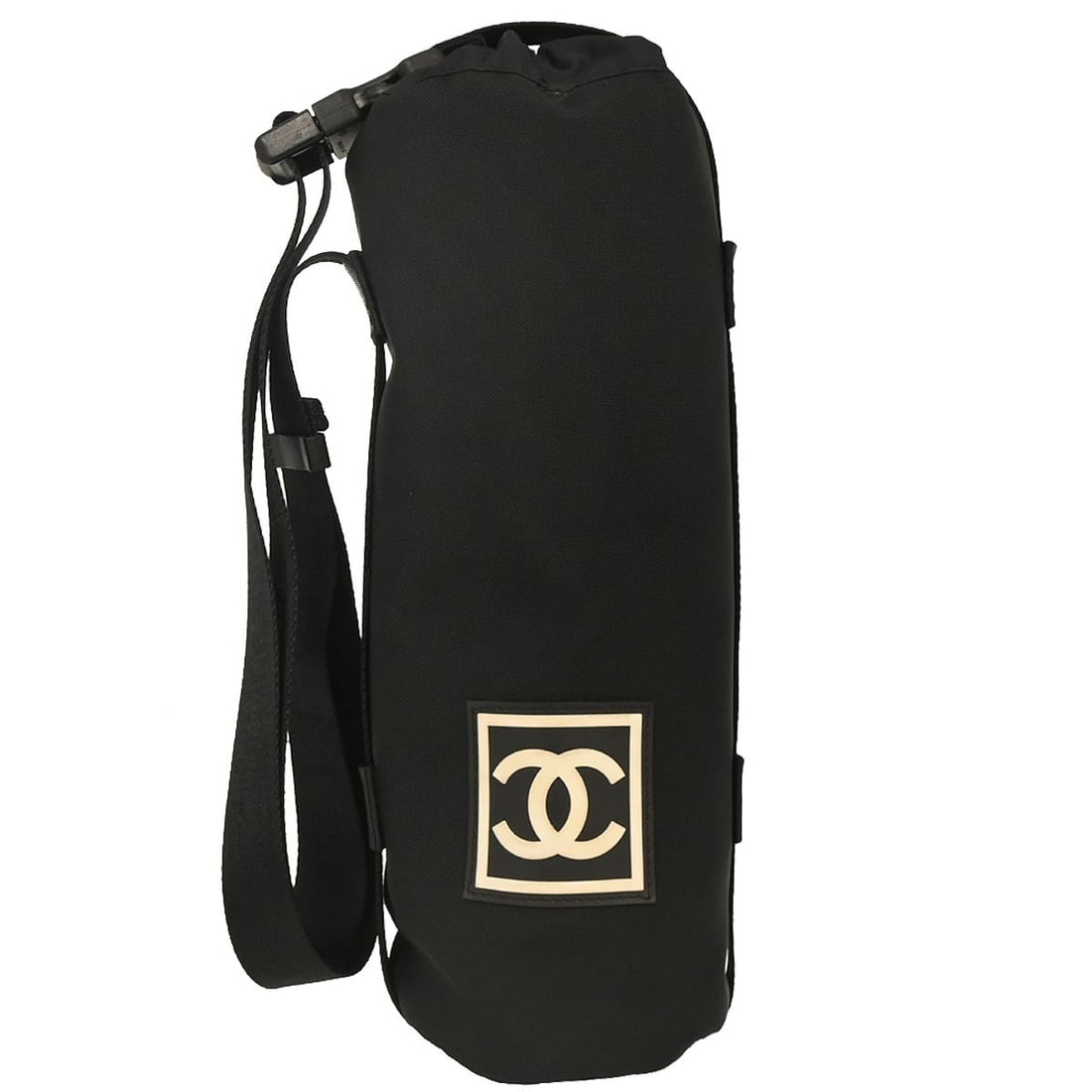 Chanel Black Sport Line Nylon Shoulder Bag with Drawstring Closure: Chanel Black Sport Line Nylon Shoulder Bag with Drawstring Closure This Chanel Black Sport Line Bottle Holder Shoulder Bag combines style and functionality with its sleek design and durable materials.