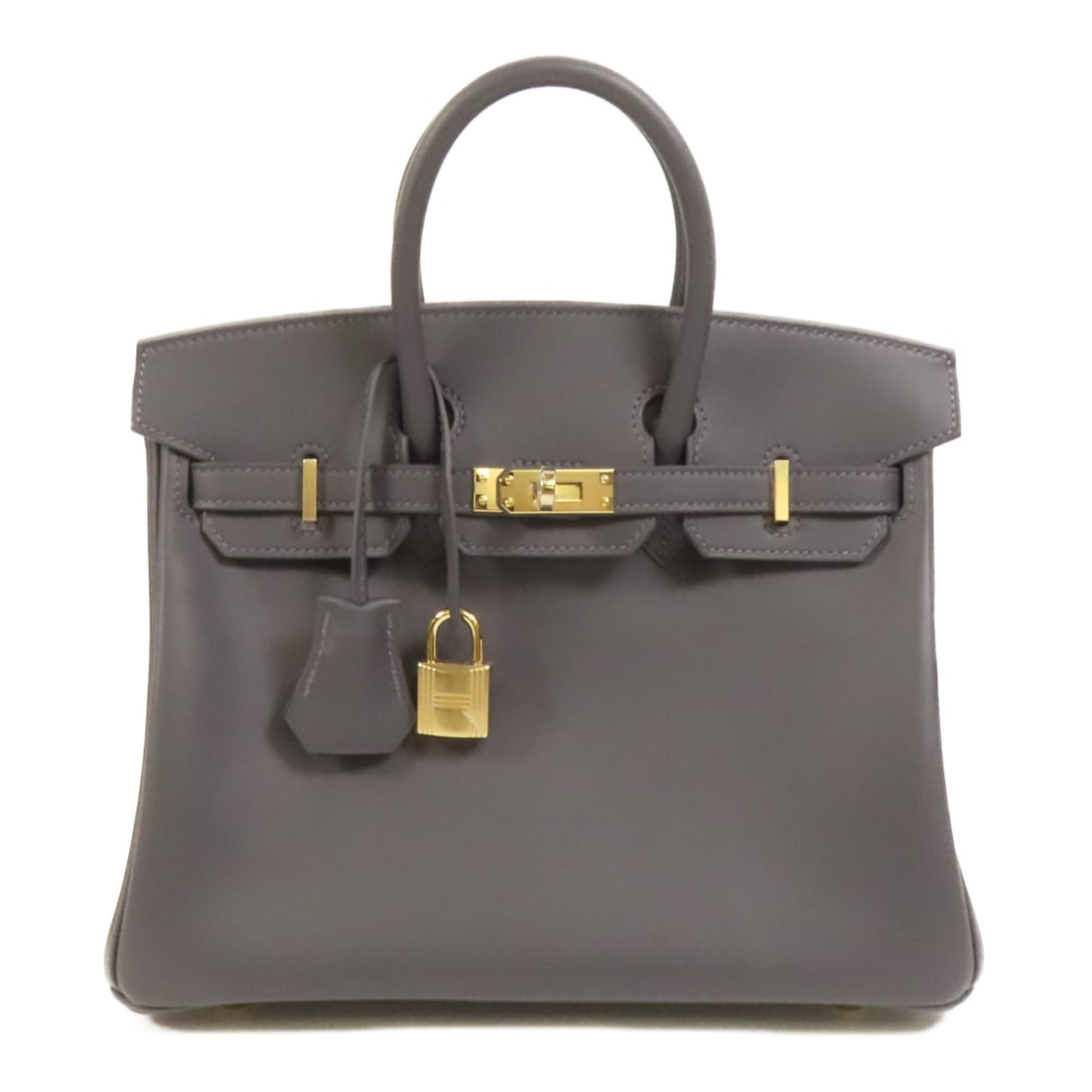 Hermes Birkin 25 Ardoise Gray Swift Leather Handbag with Gold Hardware: Hermes Birkin 25 Ardoise Gray Swift Leather Handbag with Gold Hardware This Hermes Birkin 25 handbag features premium Swift calfskin leather in an elegant gray shade. Crafted in France, it showcases a