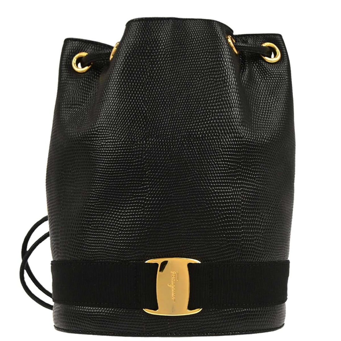 Salvatore Ferragamo Medium Leather Black Drawstring Backpack AQ-215676: Salvatore Ferragamo Medium Leather Black Drawstring Backpack AQ-215676 This Salvatore Ferragamo black backpack features a leather exterior and a medium-sized silhouette with a drawstring closure. The