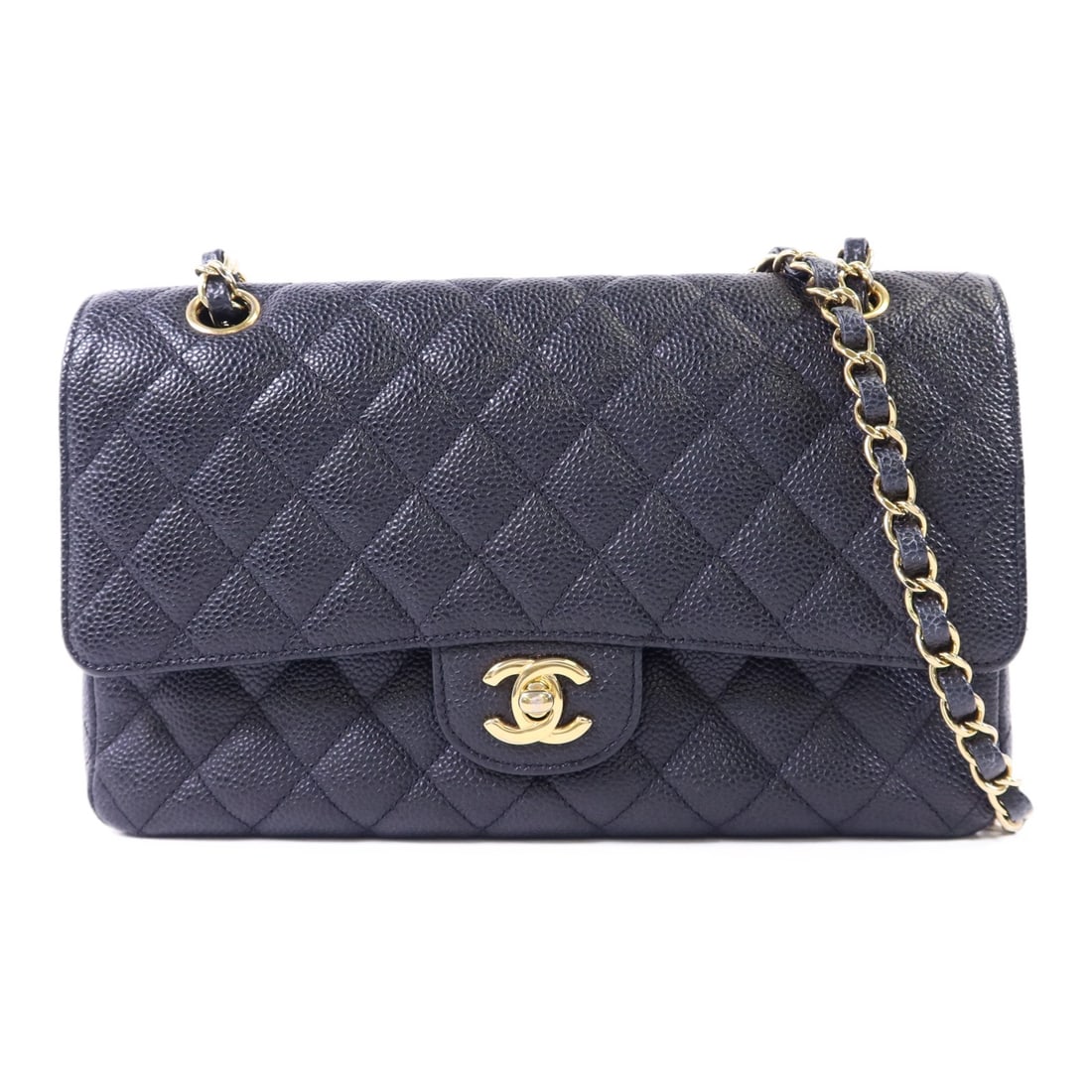 Black Calfskin Classic 25 Shoulder Bag with CC Gold Hardware by CHANEL: Black Calfskin Classic 25 Shoulder Bag with CC Gold Hardware by CHANEL This CHANEL Classic 25 chain shoulder bag features black calfskin leather with a timeless design. The bag is equipped with a chai