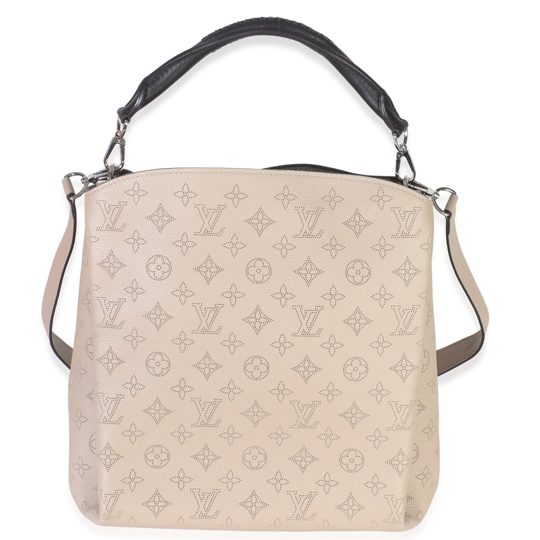 Louis Vuitton Mahina Babylone Galet Gray Leather Shoulder Bag with Strap: Louis Vuitton Mahina Babylone Galet Gray Leather Shoulder Bag with Strap This Louis Vuitton Galet Monogram Mahina Babylone is a shoulder bag crafted from gray leather with silver-tone hardware. The ba