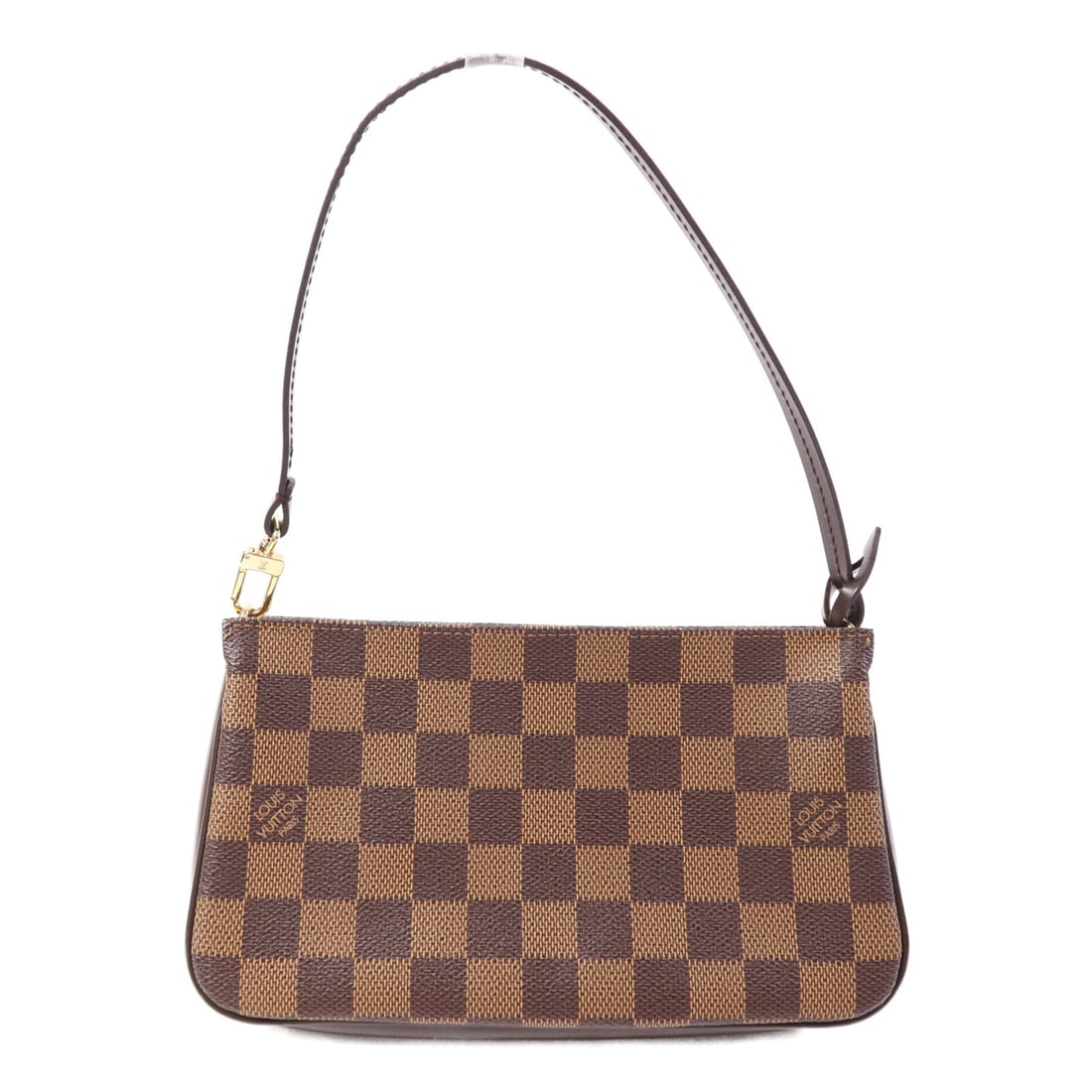 Louis Vuitton Pochette Accessories Damier Brown Shoulder Bag with Gold Hardware: Louis Vuitton Pochette Accessories Damier Brown Shoulder Bag with Gold Hardware This Louis Vuitton Pochette Accessories shoulder bag features the signature Damier brown PVC coated canvas exterior. Des