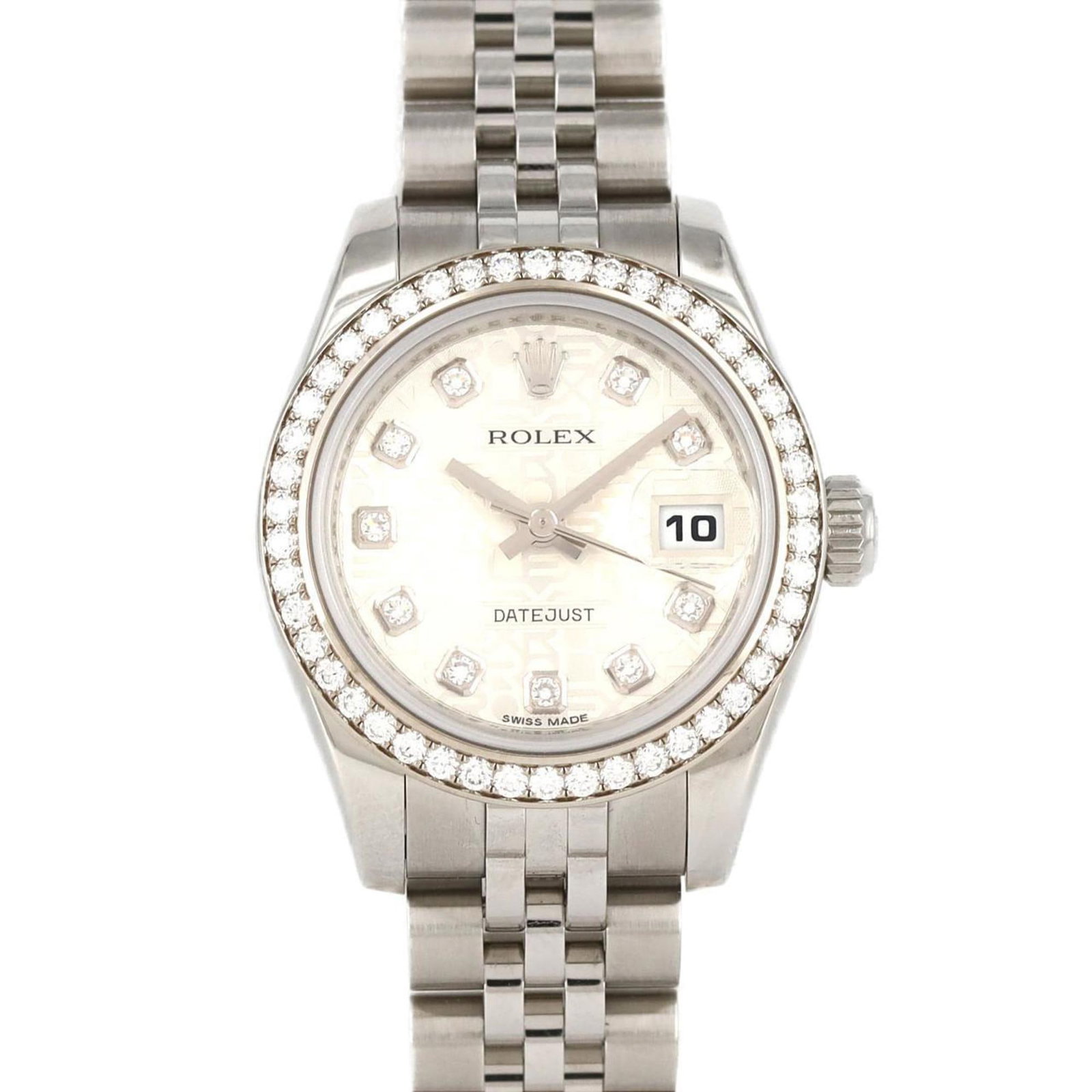 Steel Rolex Lady DateJust Watch 26mm Case Diameter: Steel Rolex Lady DateJust Watch 26mm Case Diameter This is a Rolex Lady DateJust wristwatch with a 26mm case diameter, crafted from steel. The watch features a silver color and is designed for women.