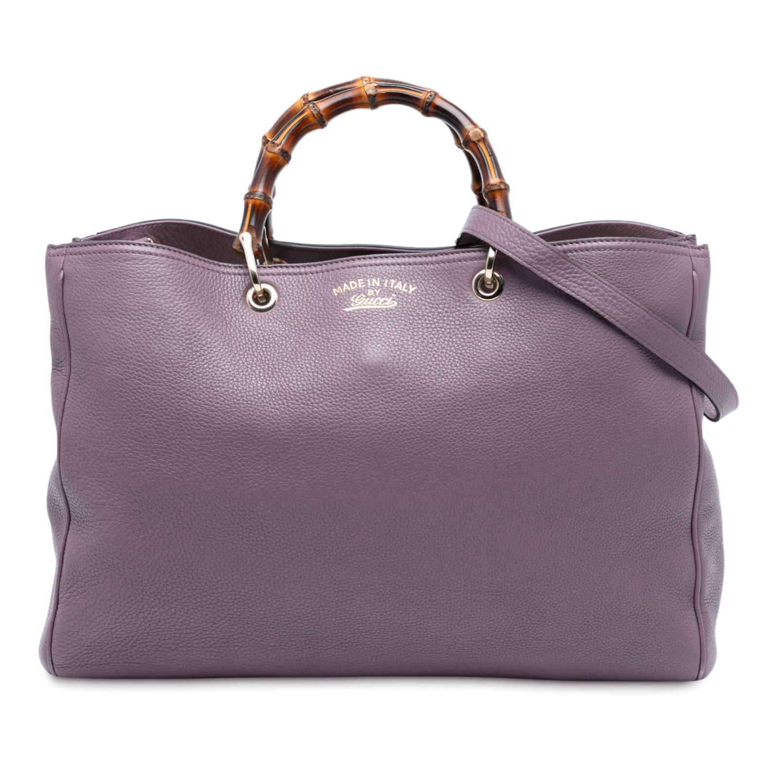 Purple Leather Gucci Bamboo Handle Large Shopper Satchel with Strap: Purple Leather Gucci Bamboo Handle Large Shopper Satchel with Strap This satchel is crafted from leather and features signature bamboo handles, a detachable leather strap, an open top with snap button