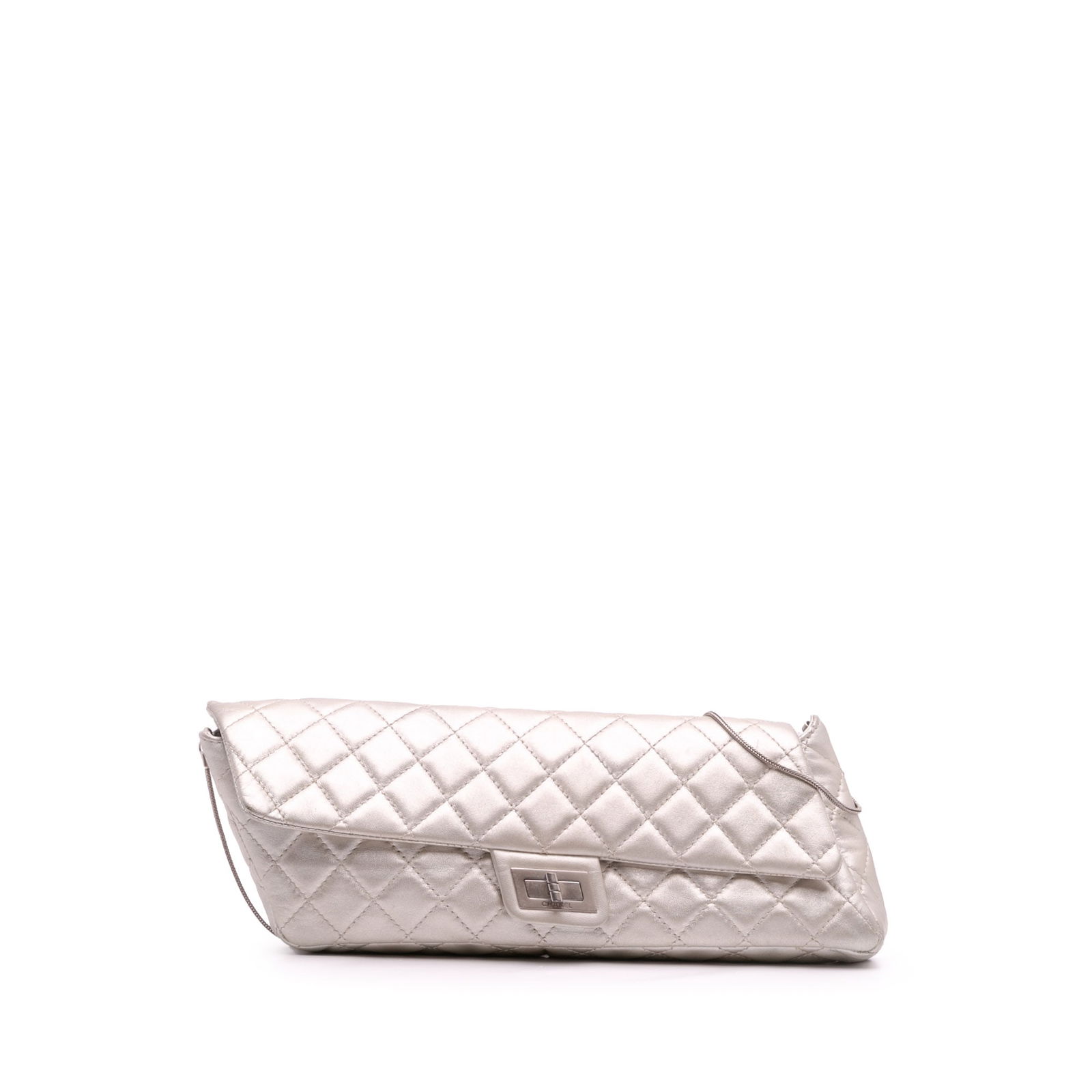 Chanel Reissue 2.55 Silver Metallic Lambskin Clutch with Chain: Chanel Reissue 2.55 Silver Metallic Lambskin Clutch with Chain This Chanel Reissue 2.55 Metallic Lambskin Clutch is a stunning accessory crafted from luxurious quilted lambskin leather. It features a