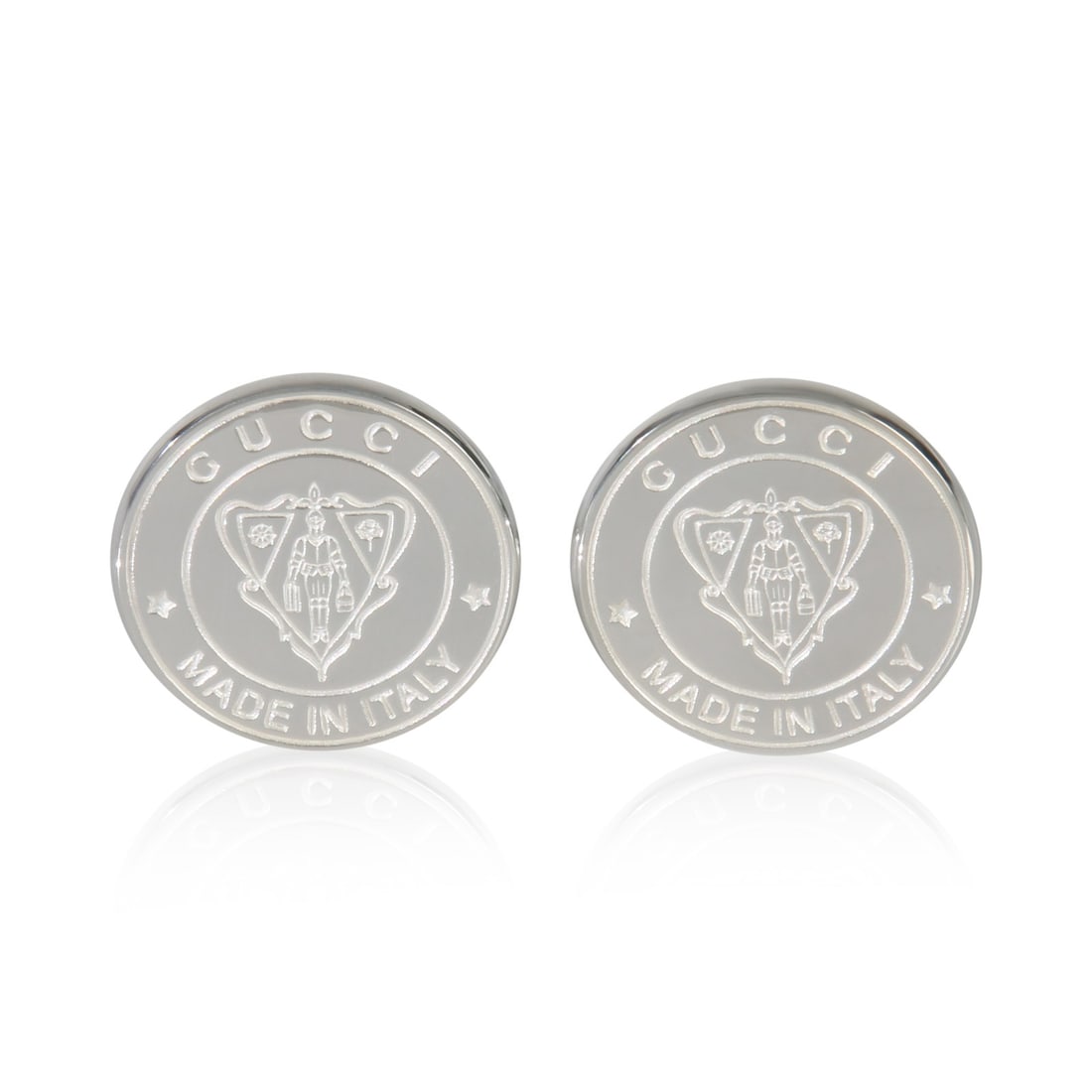 Crest Collection Men's Cufflinks in Sterling Silver by Gucci: Crest Collection Men's Cufflinks in Sterling Silver by Gucci These Gucci men's cufflinks from the Crest collection are crafted in sterling silver with a white finish. Featuring a classic crest design,