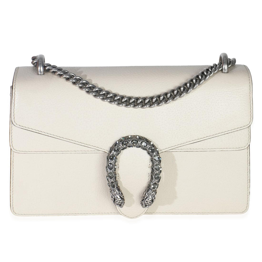 Small Dionysus Crossbody in White Textured Calfskin with Crystals by Gucci: Small Dionysus Crossbody in White Textured Calfskin with Crystals by Gucci This Gucci Mystic White Textured Calfskin Crystal Small Dionysus Bag features a beige and white leather exterior with silver-