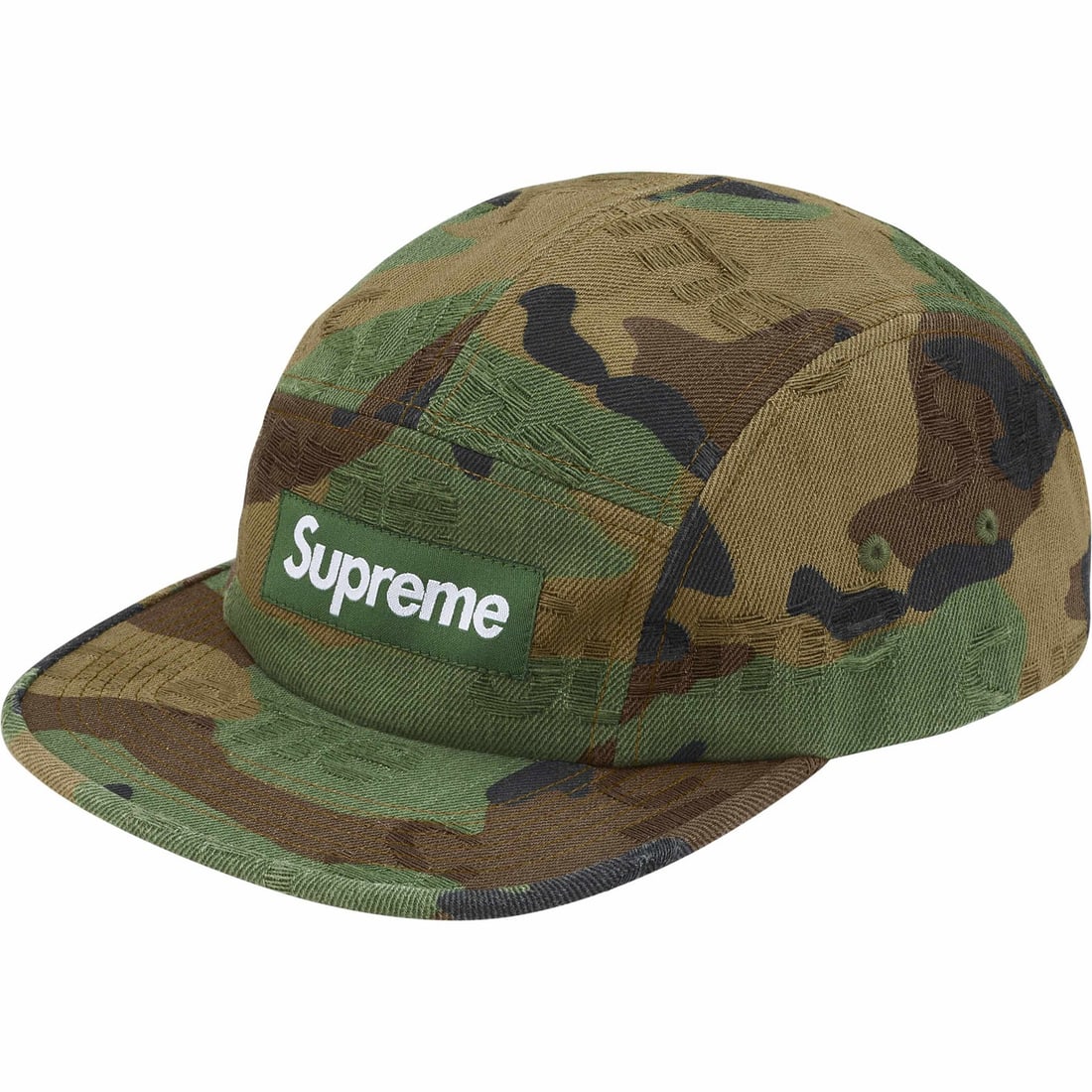 Woodland Camo Five Panel Cap with Supreme Jacquard Logo Embroidery: Woodland Camo Five Panel Cap with Supreme Jacquard Logo Embroidery This Supreme Jacquard Logo Woodland Camo Camp Cap features a five-panel design crafted from premium jacquard fabric with a detailed w