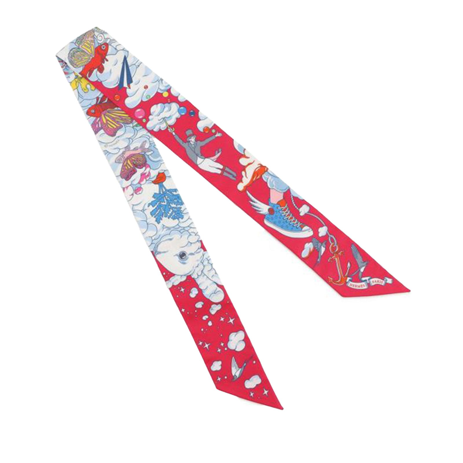 Hermes Pink Sur Mon Nuage Silk Twilly Accessory Scarf: Hermes Pink Sur Mon Nuage Silk Twilly Accessory Scarf This Hermes Sur Mon Nuage Twilly scarf features a distinctive print on 100% silk in a pink color. Made in France, this accessory offers a refined