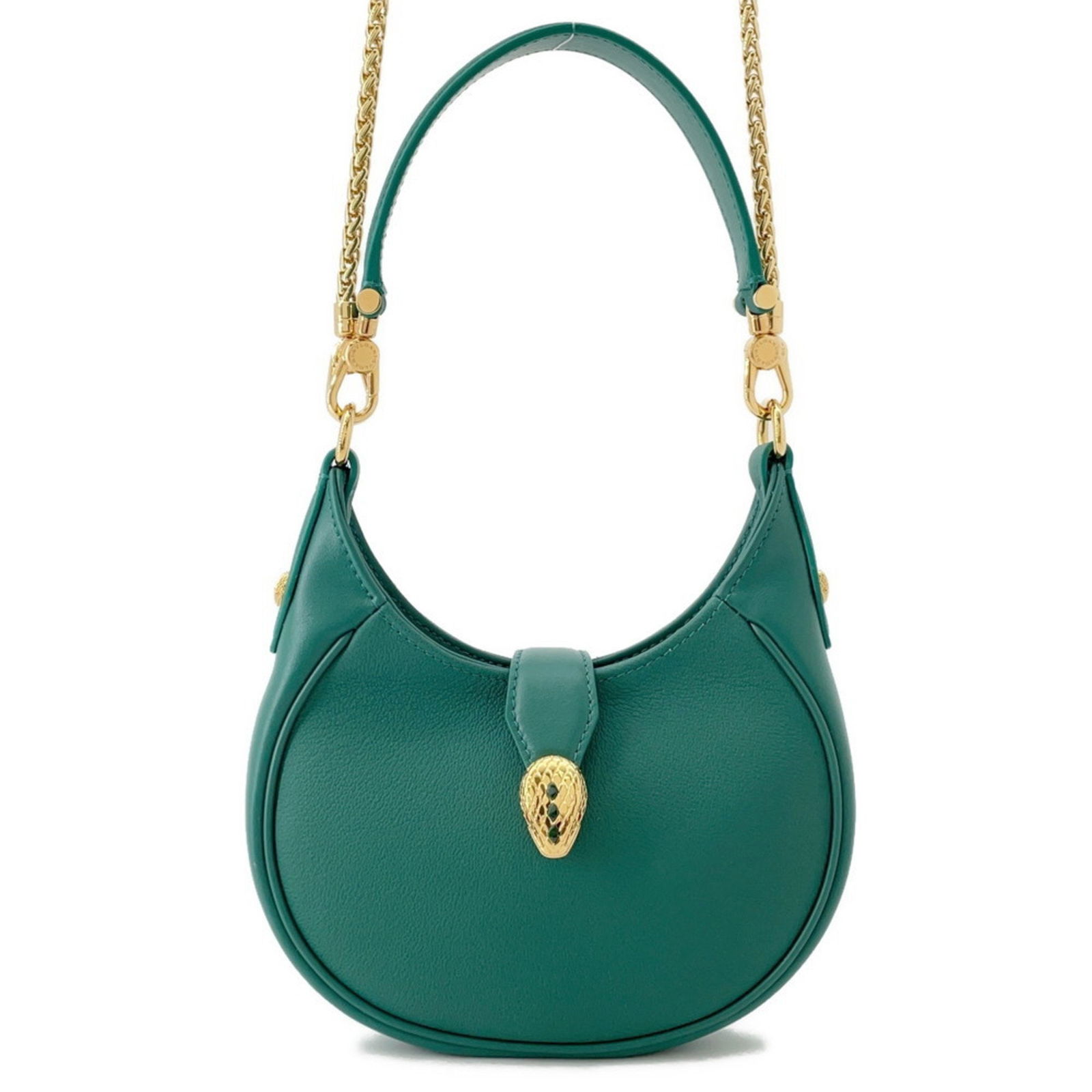 Green Leather Handbag Bulgari Serpenti Model 20cm x 13cm x 4cm: Green Leather Handbag Bulgari Serpenti Model 20cm x 13cm x 4cm This Bulgari Serpenti bag features a sophisticated green leather exterior and is designed for women. It is crafted in Italy and showcases