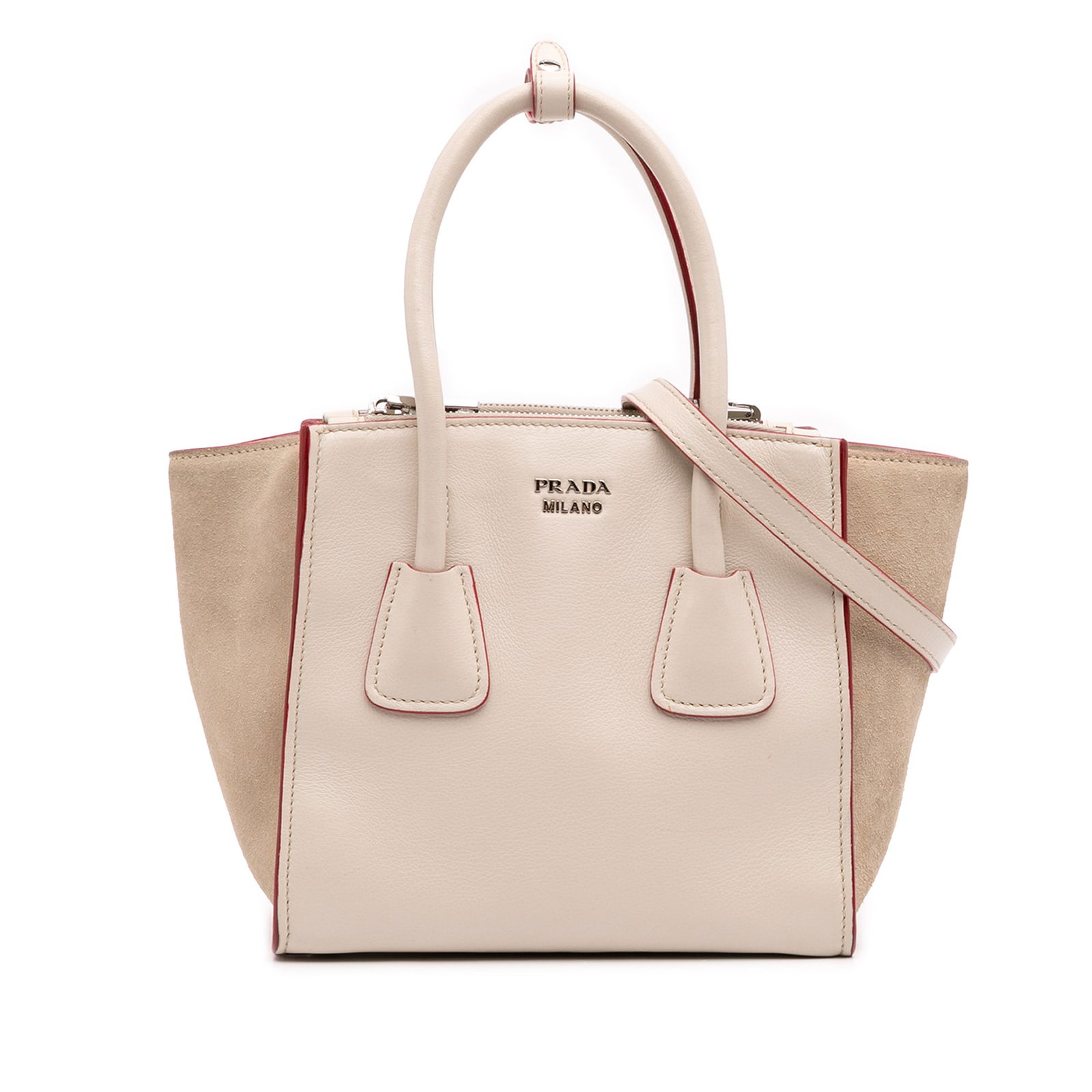 Prada Mini Scamosciato Glace Calf Twin Pocket Satchel White Leather: Prada Mini Scamosciato Glace Calf Twin Pocket Satchel White Leather Introducing the Prada Mini Scamosciato Trimmed Glace Calf Twin Pocket Satchel, a stylish and versatile accessory crafted from high-q