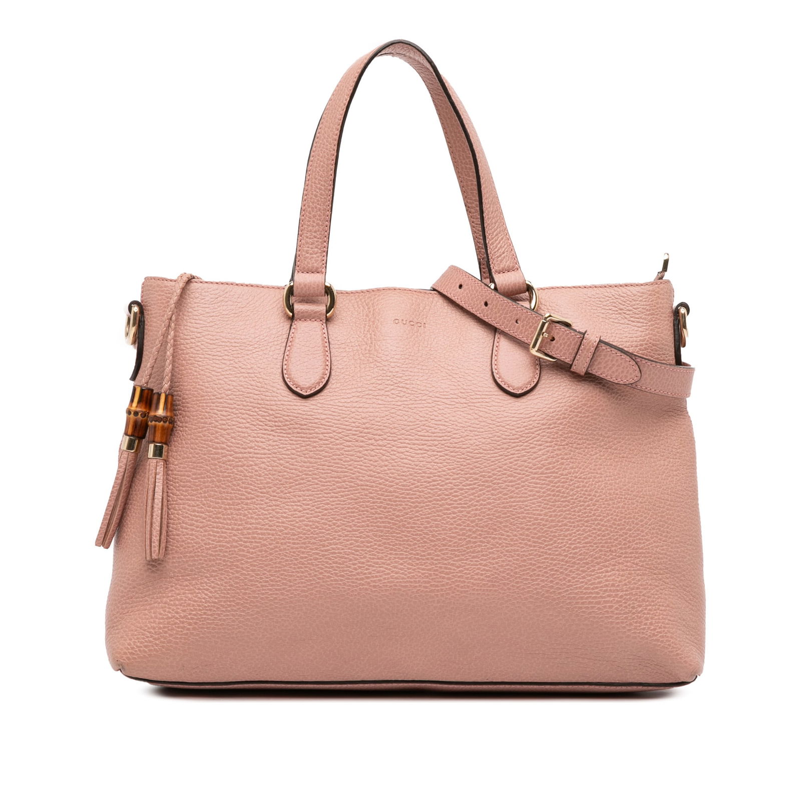 Gucci Pink Leather Bamboo Tassel Satchel with Zip Closure: Gucci Pink Leather Bamboo Tassel Satchel with Zip Closure Elevate your accessory collection with the Gucci Leather Bamboo Tassel Satchel. This chic satchel showcases a beautiful leather body in a love