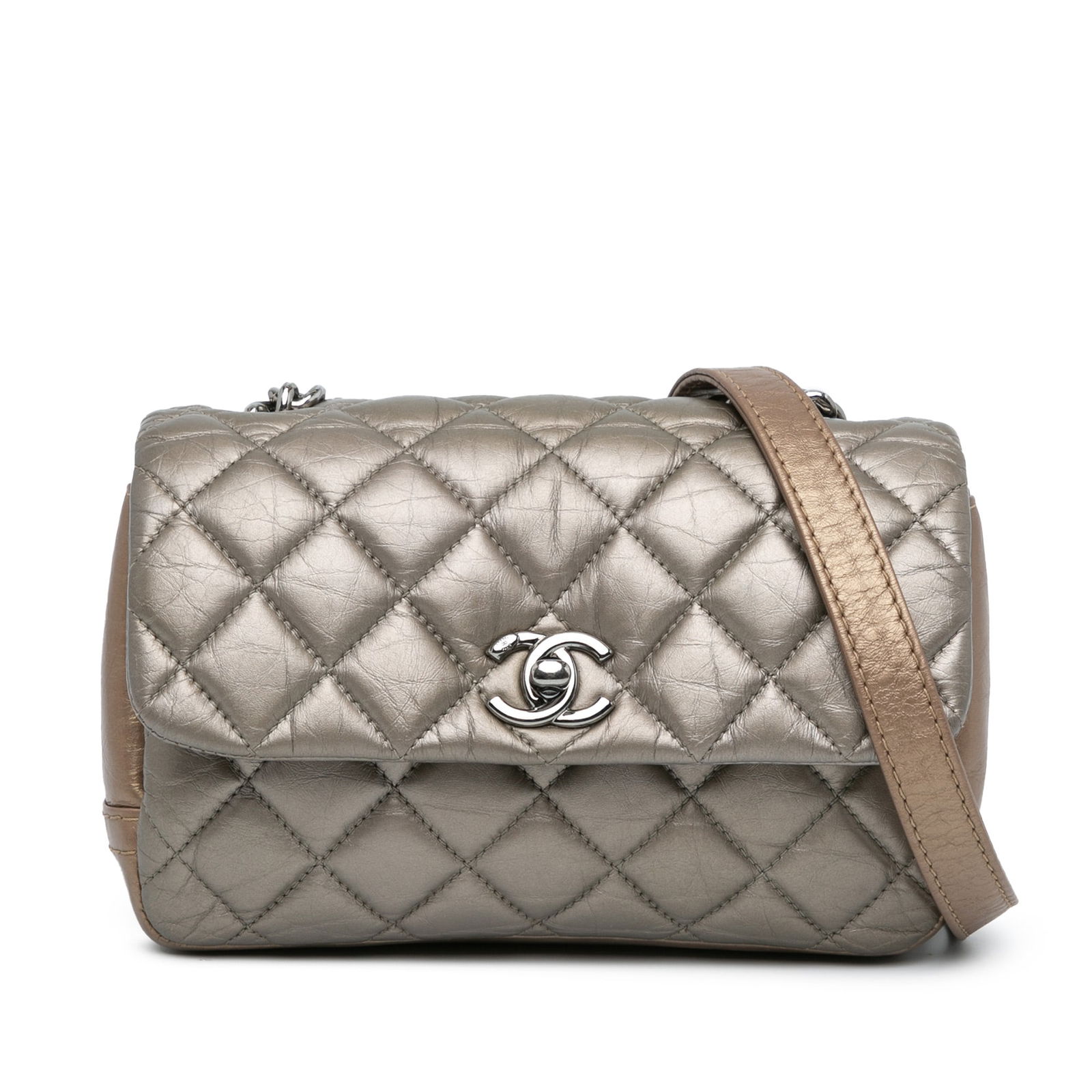 Chanel Mini Lady Pearly Flap Brown Quilted Metallic Leather Shoulder Bag: Chanel Mini Lady Pearly Flap Brown Quilted Metallic Leather Shoulder Bag This Chanel Mini Quilted Metallic Calfskin Lady Pearly Flap bag features a quilted leather body in brown, a chain and leather s