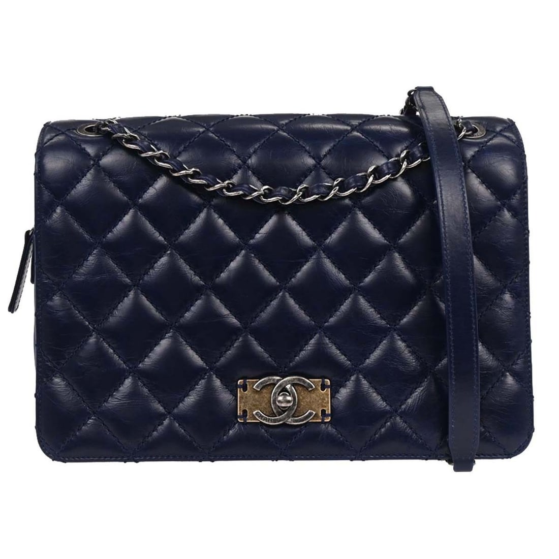 Chanel Navy Calfskin Day Trip Flap Shoulder Bag with Chain Strap: Chanel Navy Calfskin Day Trip Flap Shoulder Bag with Chain Strap Elevate your casual outings with the Chanel Navy Calfskin Day Trip Flap Bag. This medium-sized shoulder bag boasts a stunning navy leat