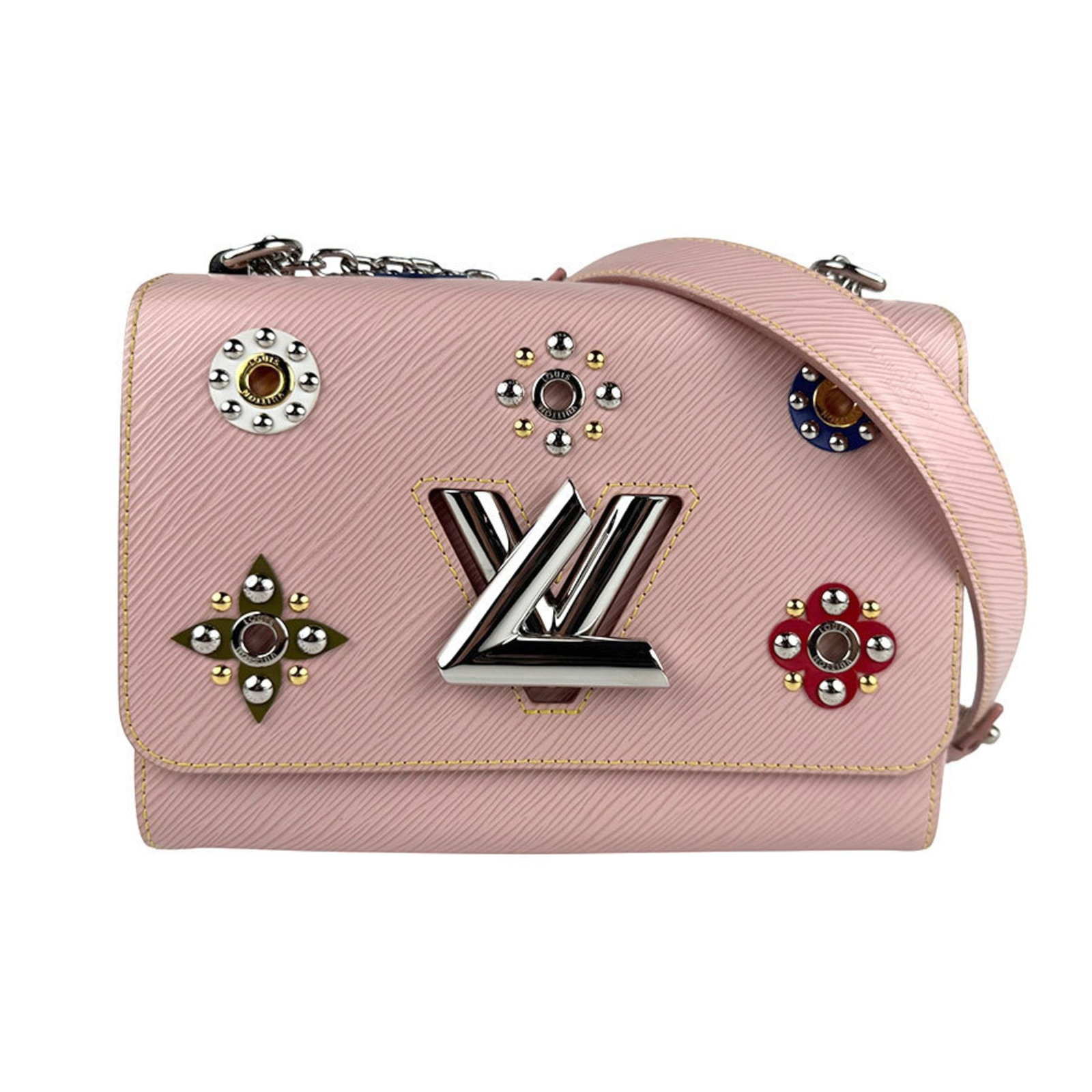 Pink Leather Louis Vuitton Twist Bag for Women: Pink Leather Louis Vuitton Twist Bag for Women The Louis Vuitton Twist is a pink leather handbag featuring a compact design. This model is crafted in France and is suitable for women. The bag shows tr