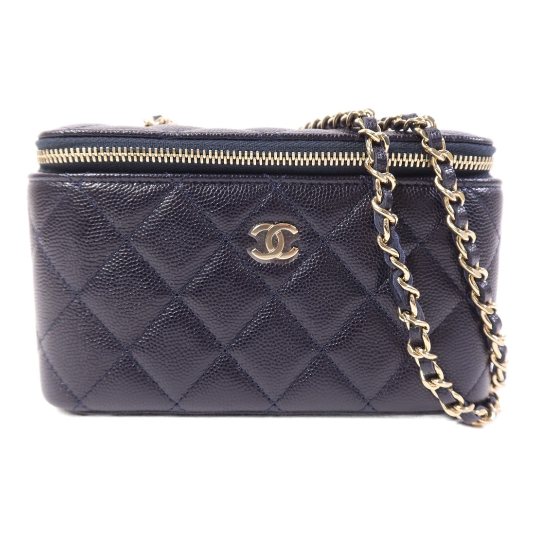 Chanel Deep Blue Calfskin Vanity Case Shoulder Bag with Chain and CC Logo: Chanel Deep Blue Calfskin Vanity Case Shoulder Bag with Chain and CC Logo This CHANEL CC Vanity Case Chain Shoulder Bag features deep blue calfskin leather with a chain strap. The bag is crafted in Fr