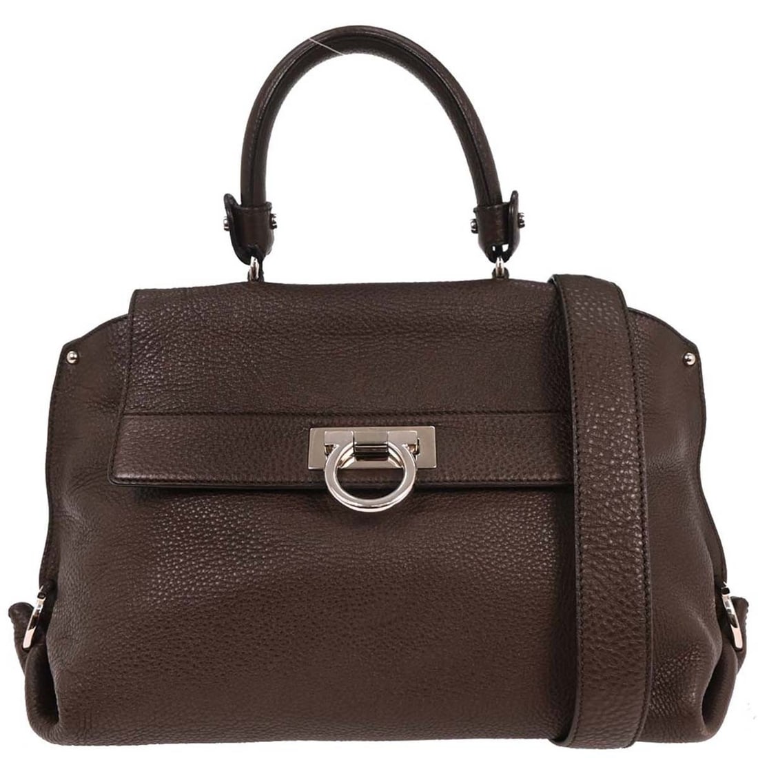 Salvatore Ferragamo Brown Gancini 2way Top Handle Handbag: Salvatore Ferragamo Brown Gancini 2way Top Handle Handbag This Salvatore Ferragamo handbag features a stunning brown leather exterior, elegantly designed for casual occasions. With a medium size, it m