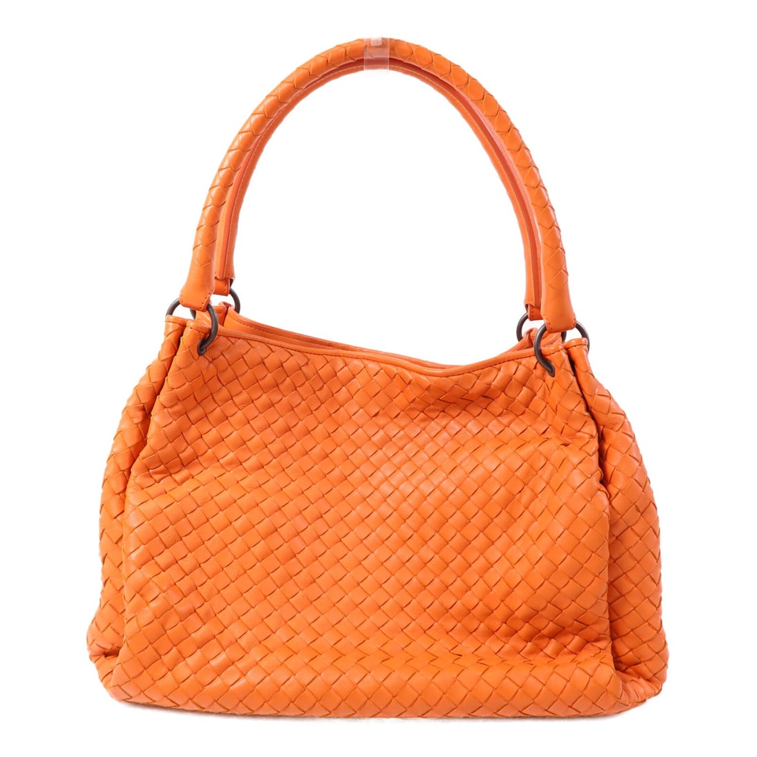 Orange Calfskin Tote by Bottega Veneta: Orange Calfskin Tote by Bottega Veneta This is a Bottega Veneta tote bag crafted from orange calfskin leather. Made in Italy, it features a regular size and a stylish, vibrant exterior. The bag is in
